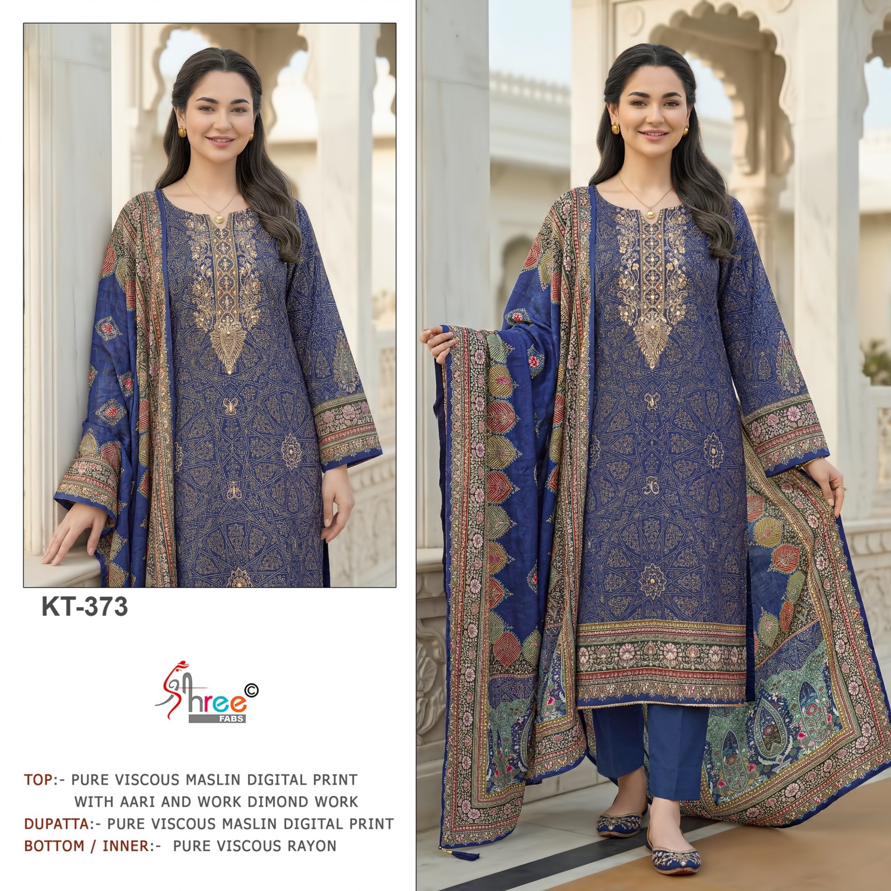 KT-373 & KT-382 Pure Viscose Maslin Digital Print Handwork Suit Set