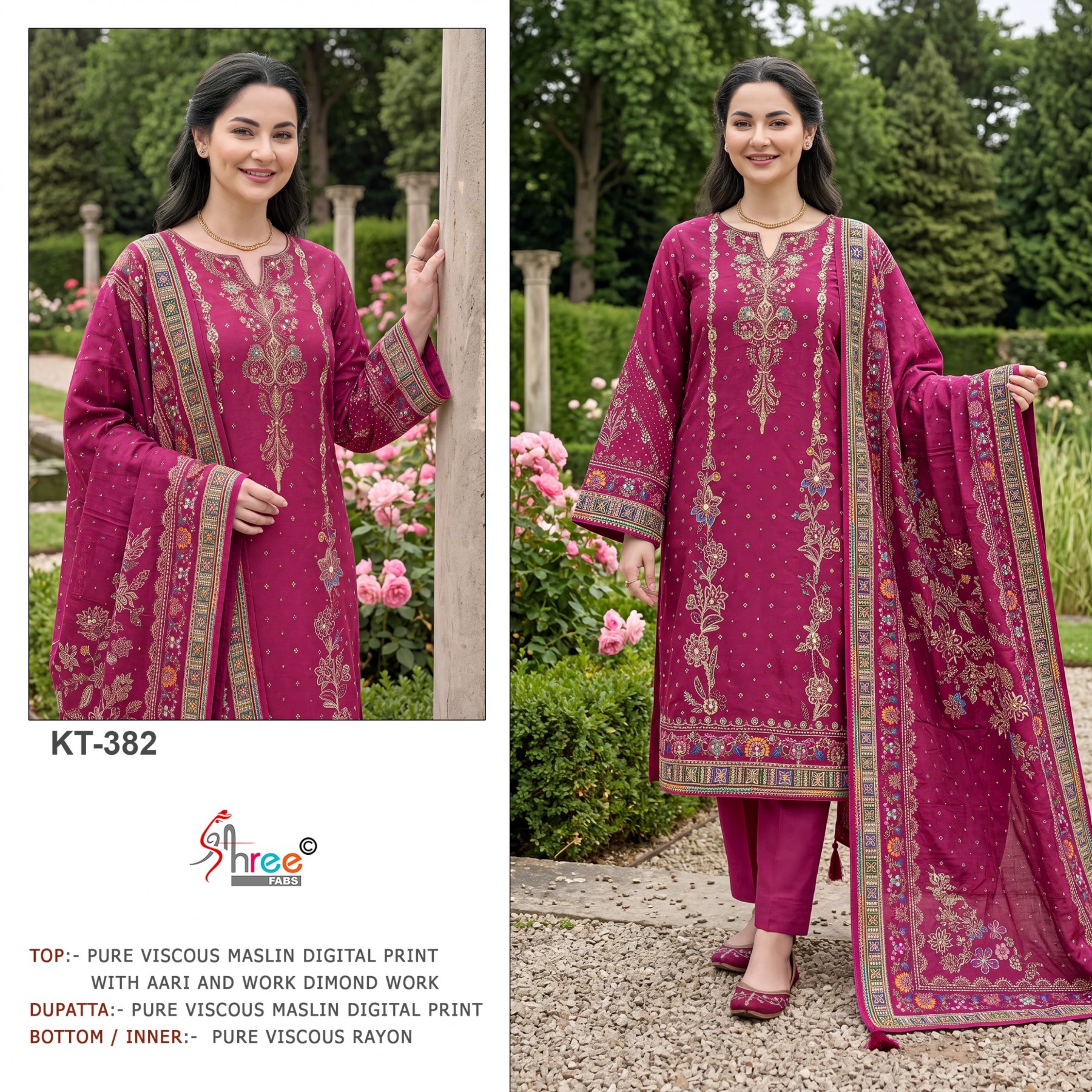 KT-373 & KT-382 Pure Viscose Maslin Digital Print Handwork Suit Set