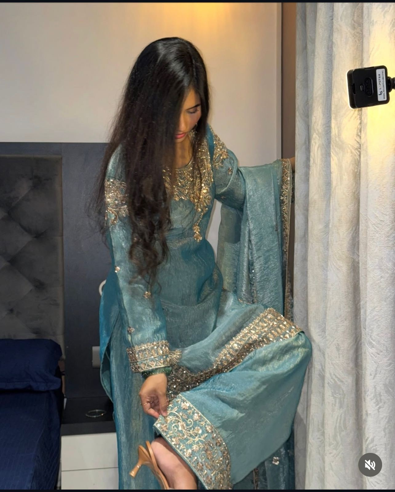 WW-1258 Zmy Chu-Silk Embroidered Sequence Top Palazzo Dupatta Set
