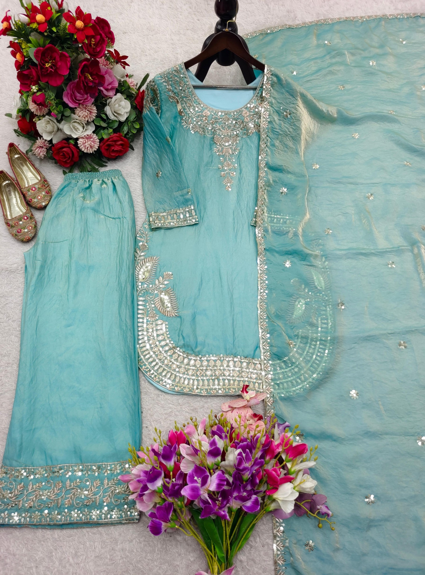 DHK-1368 Heavy Faux Georgette Embroidered Sequence Palazzo Dupatta Set