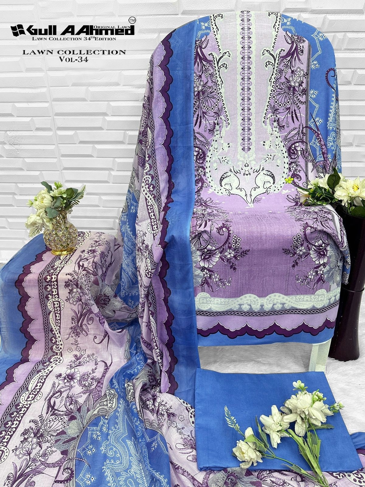 GulAhmed Vol 34 Pure Cambridge Cotton Suit Collection with Mal Mal Dupatta Pakistani Suit Full Set Wholesale Price 