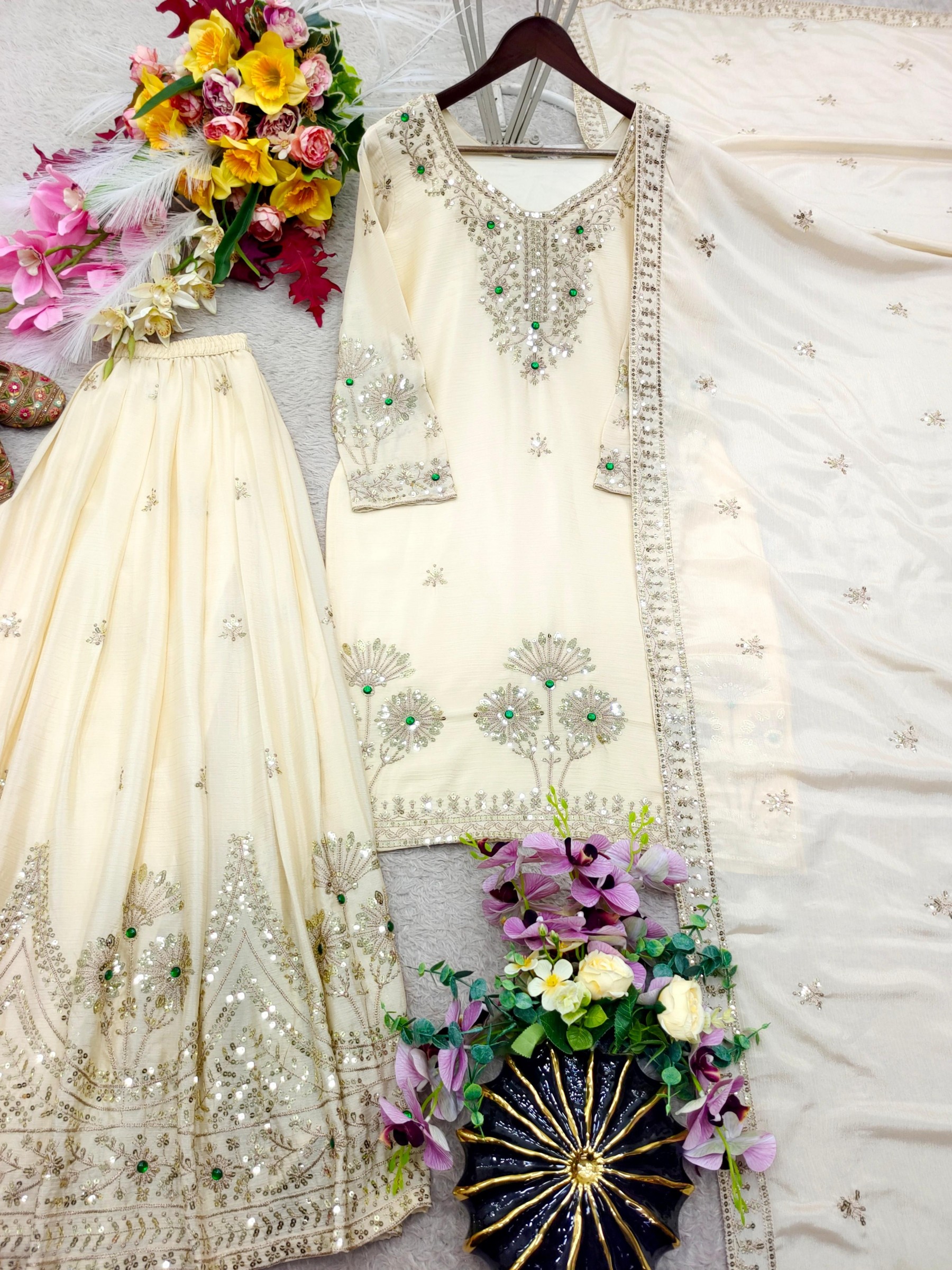 WW-1284 | Natural Satin Silk | Stone Hand Work | Ready to Wear