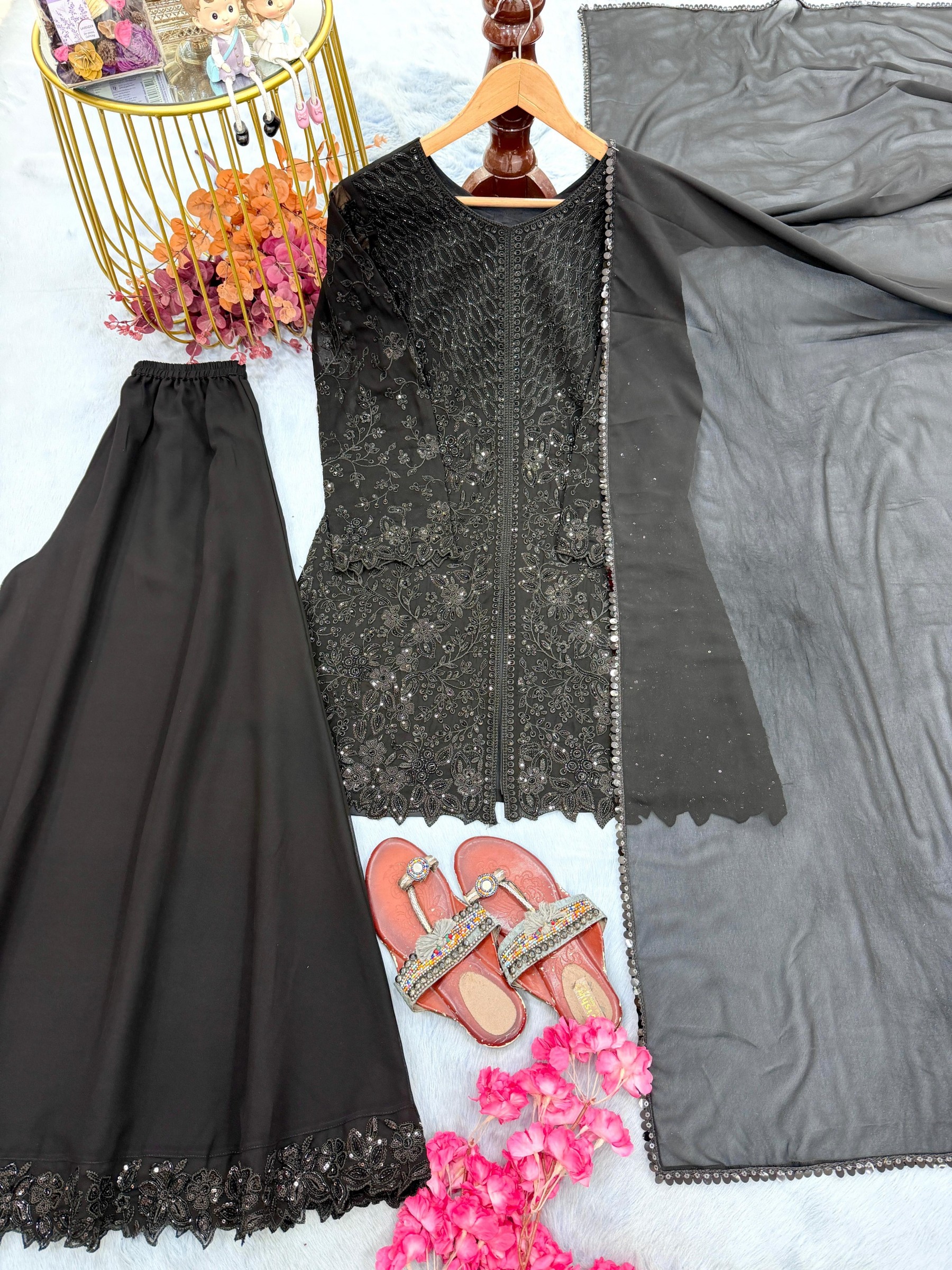 AD245 | Heavy Faux Georgette | 3mm Sequence & Cutwork | Ready to Wear