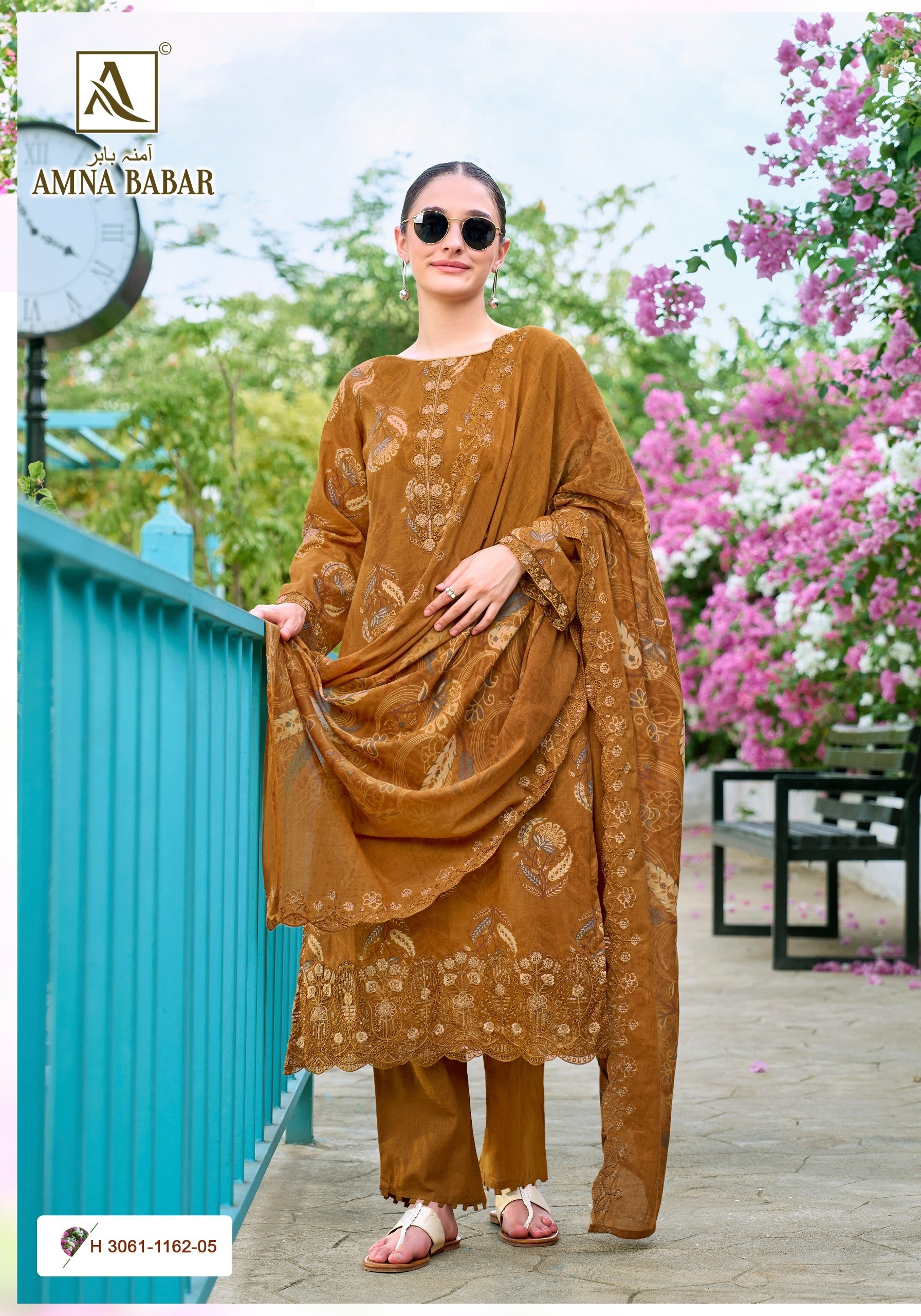 Shop Alok Suit Amna Babar designer collection with Pure Cambric Cotton foil-print embroidered top, matching cotton bottom and Pure Mal Mal embroidered dupatta. ₹899 + 5% GST.