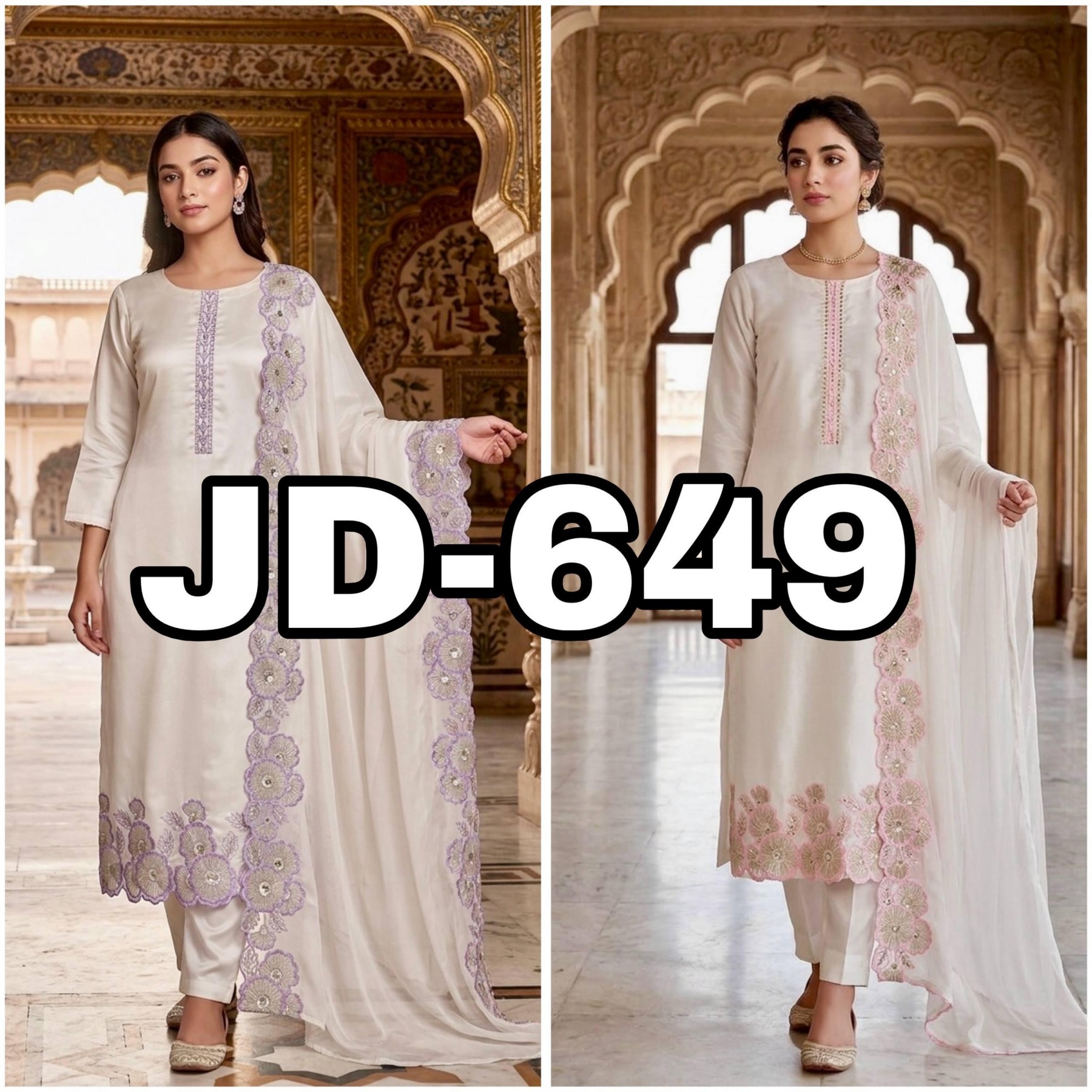 JD-649 | Long Kurti Pant Set | Roman Glass Silk | Designer Wear