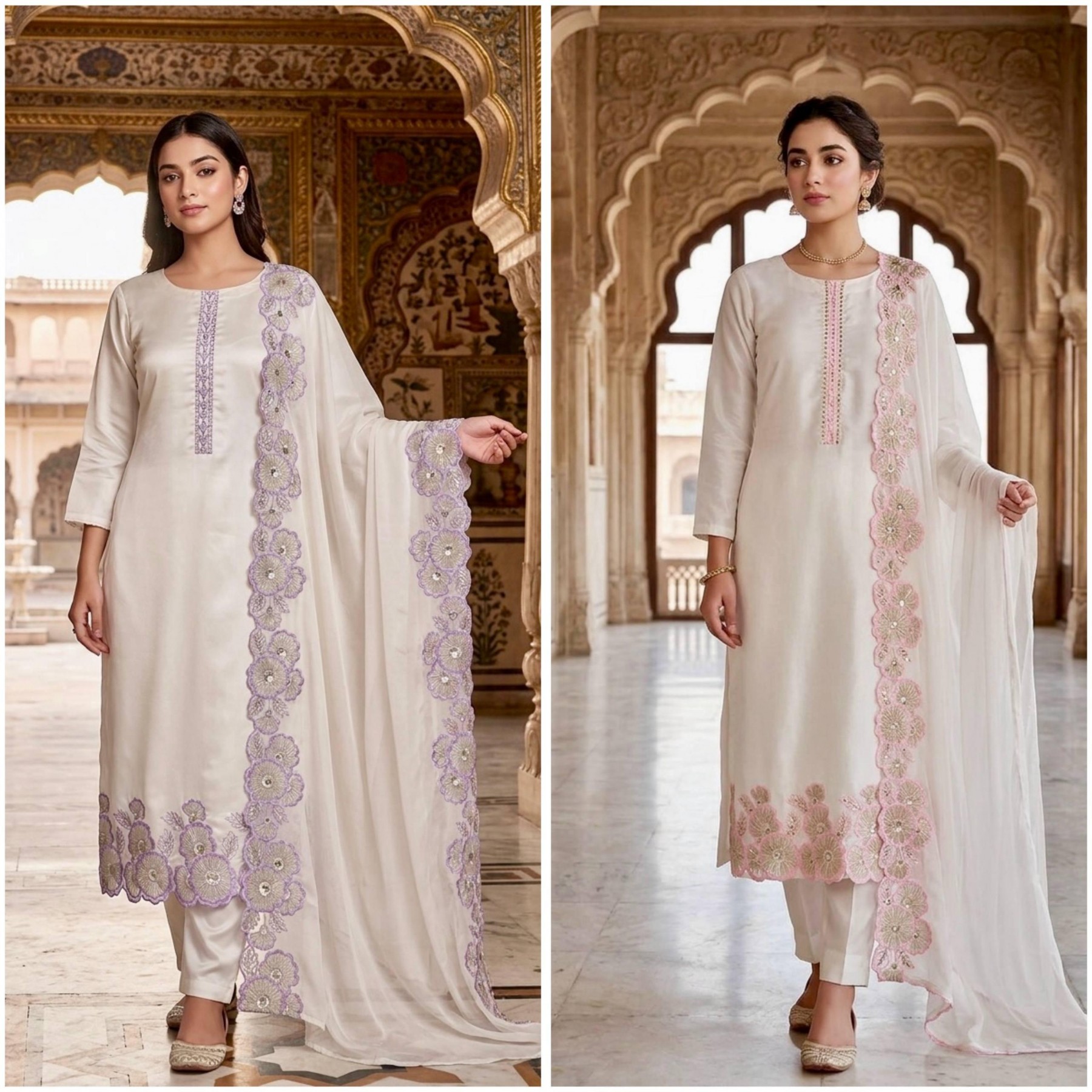 JD-649 | Long Kurti Pant Set | Roman Glass Silk | Designer Wear