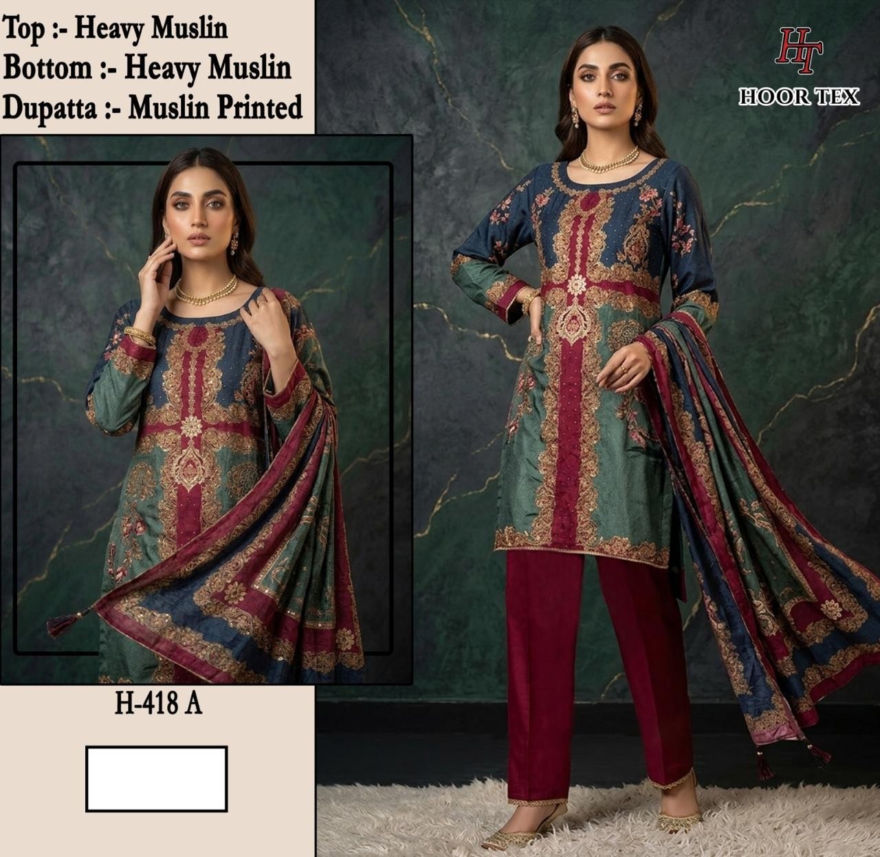 Hoor Tex | H-418 | Imported Muslin | Semi-Stitched