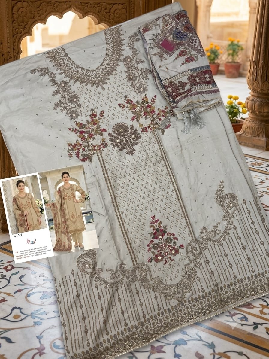 KT-376 | Pure Viscose Maslin | Aari & Diamond Work