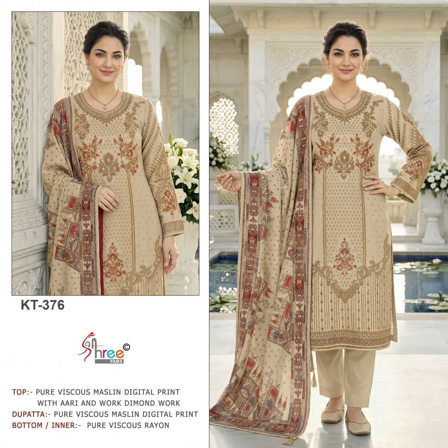 KT-376 | Pure Viscose Maslin | Aari & Diamond Work