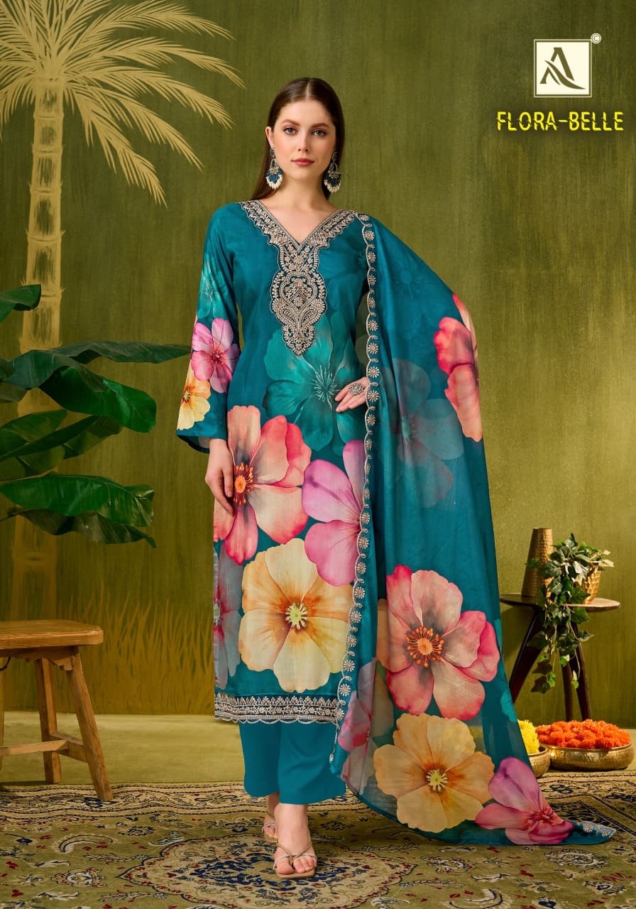 Flora Belle Premium Maslin Digital Print Embroidered Suit