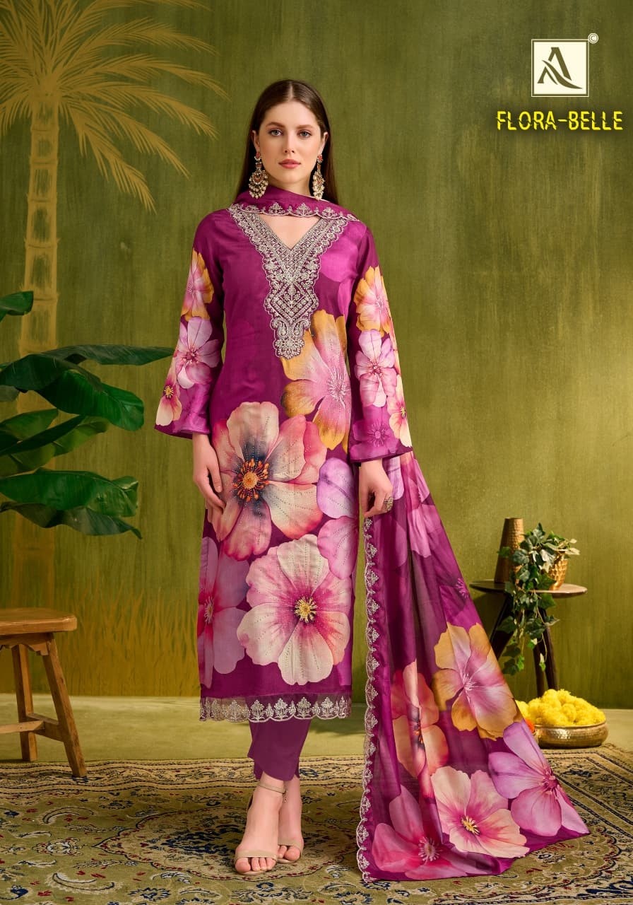 Flora Belle Premium Maslin Digital Print Embroidered Suit