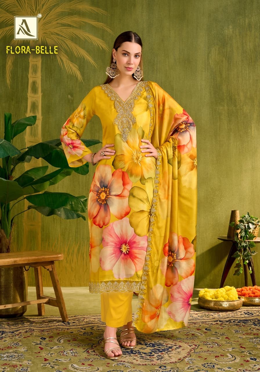 Flora Belle Premium Maslin Digital Print Embroidered Suit