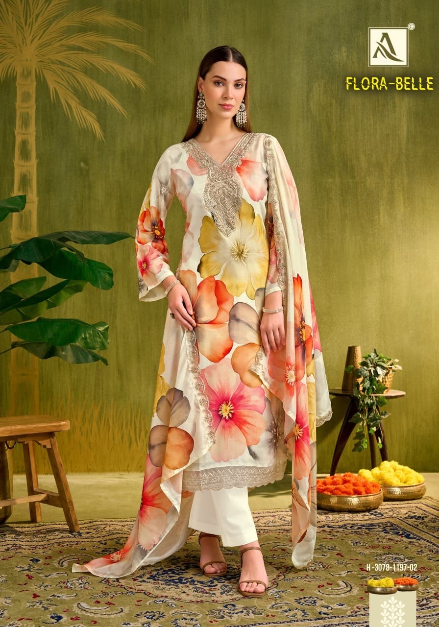 Flora Belle Premium Maslin Digital Print Embroidered Suit