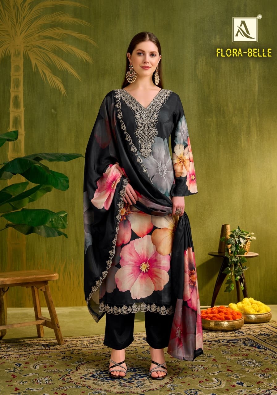Flora Belle Premium Maslin Digital Print Embroidered Suit