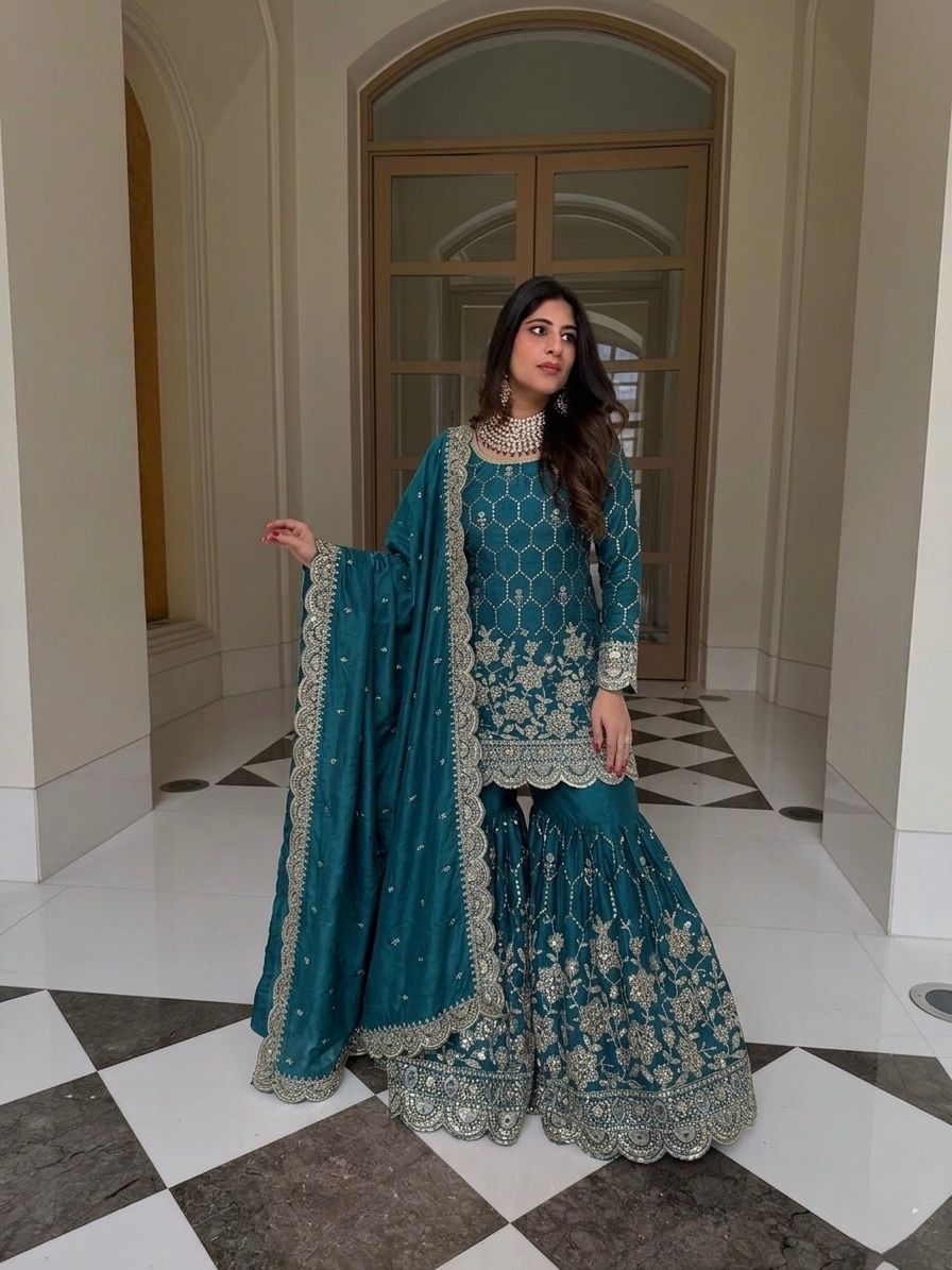 Premium Heavy GMY Silk Real Mirror Work Sharara Set