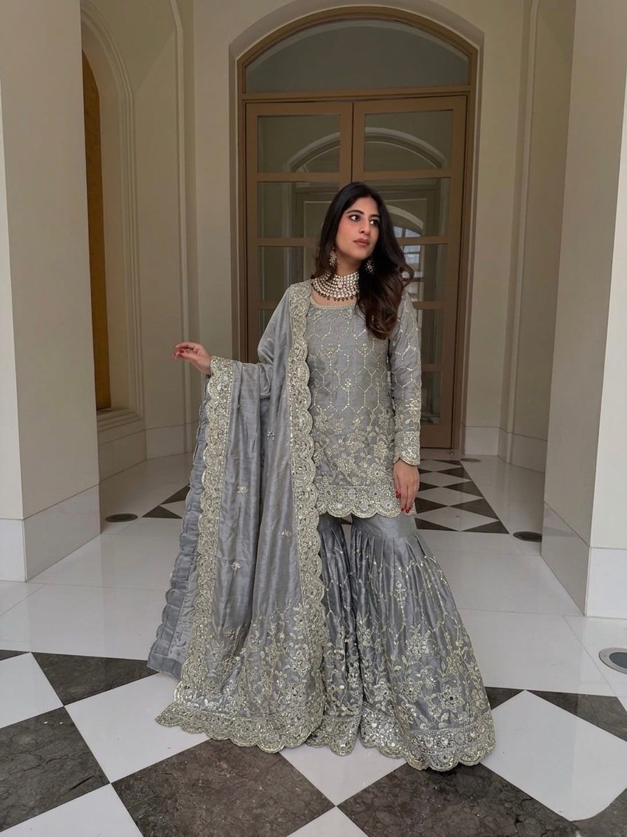 Premium Heavy GMY Silk Real Mirror Work Sharara Set