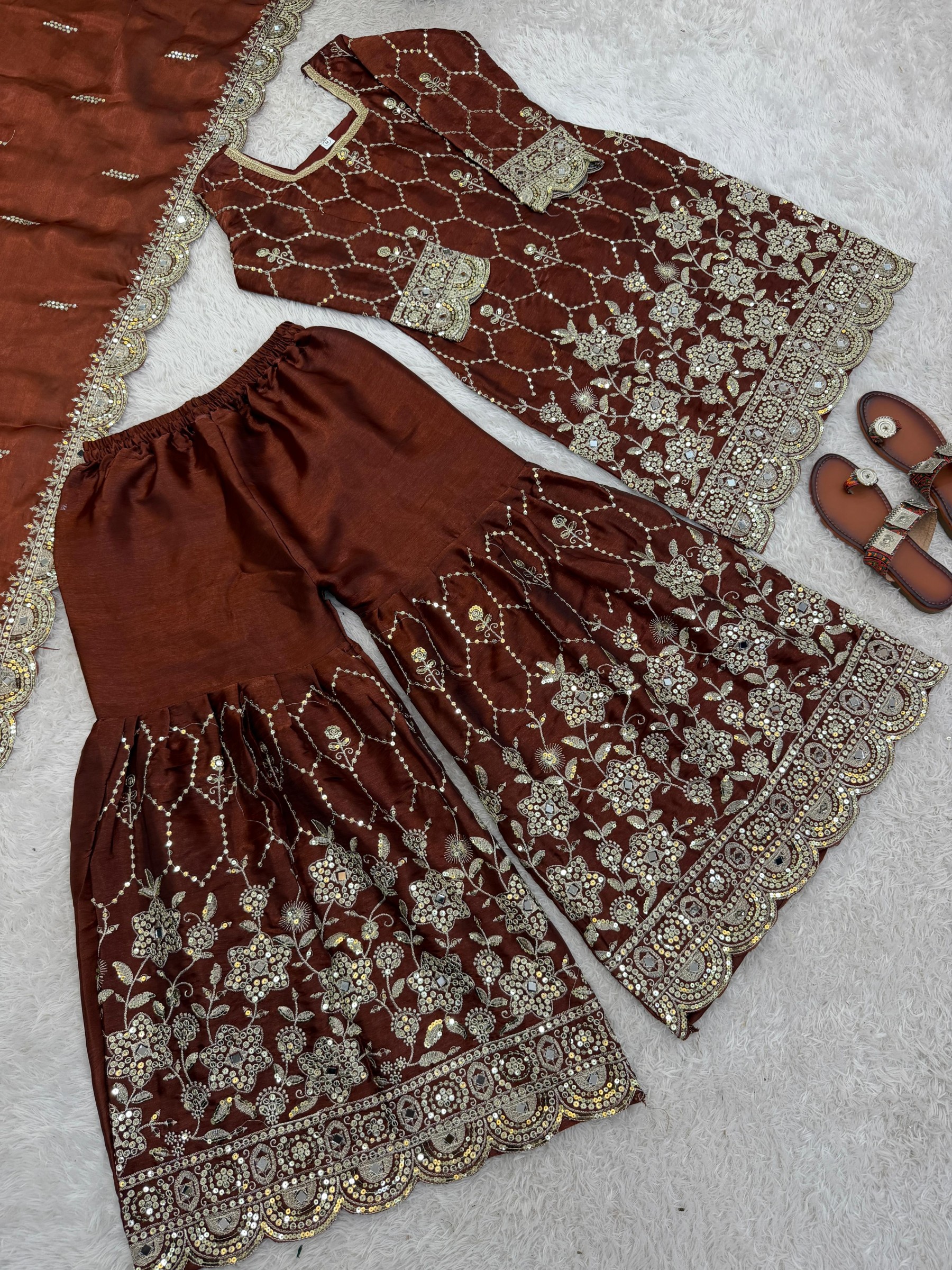 Premium Heavy GMY Silk Real Mirror Work Sharara Set