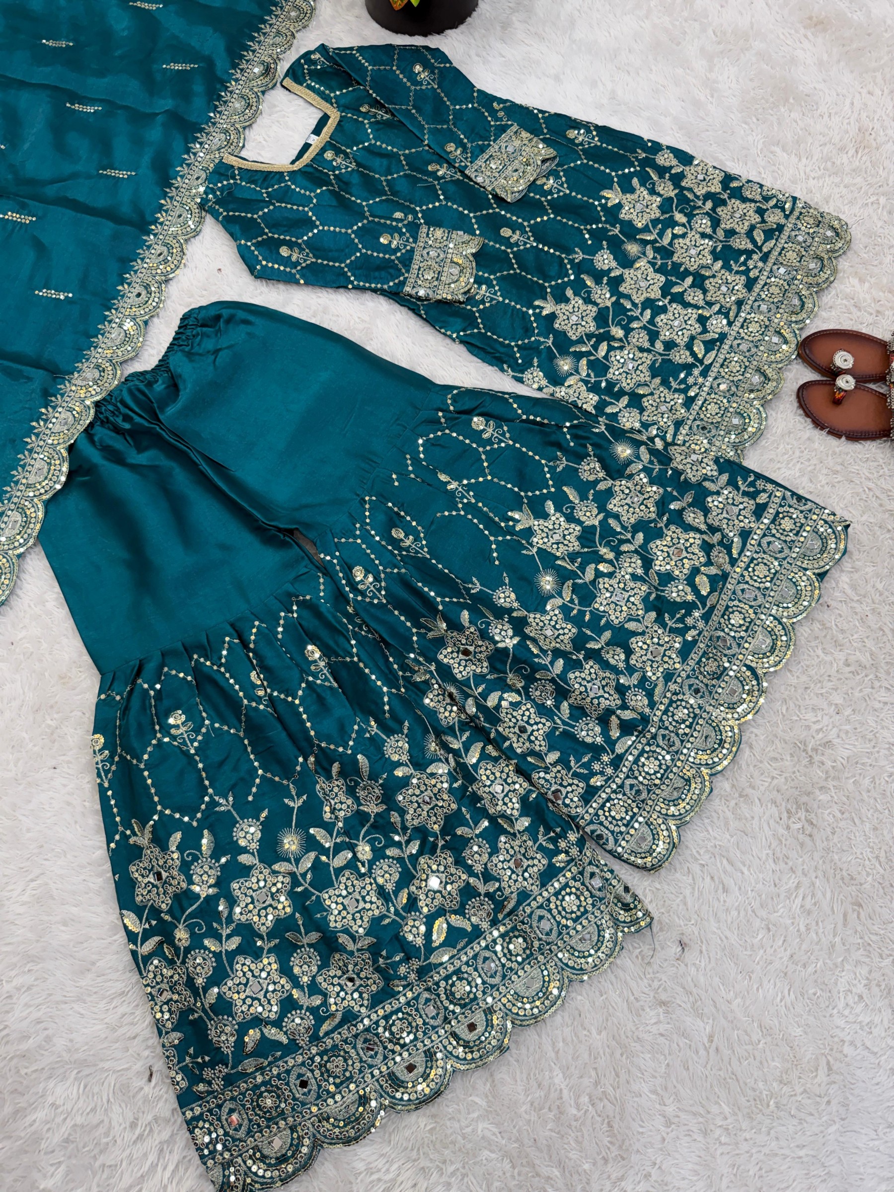 Premium Heavy GMY Silk Real Mirror Work Sharara Set