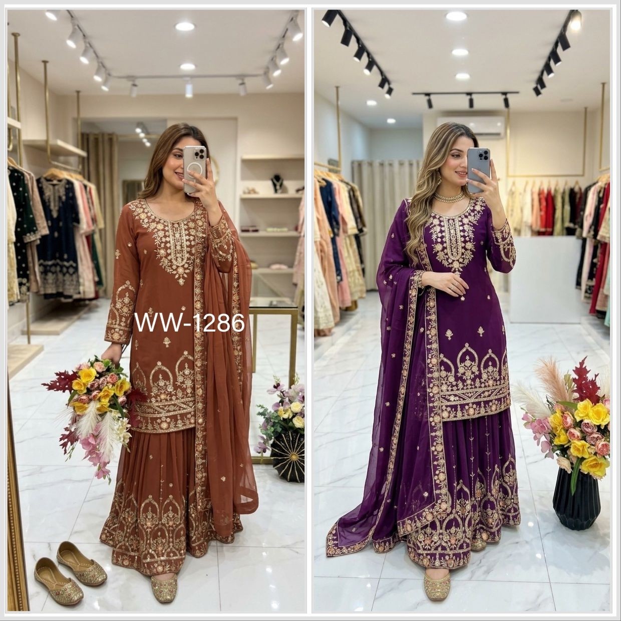 WW 1286 Pure Fox Georgette Embroidered Sequin Sharara Dupatta Set Single Pis Wholesale Price In India 