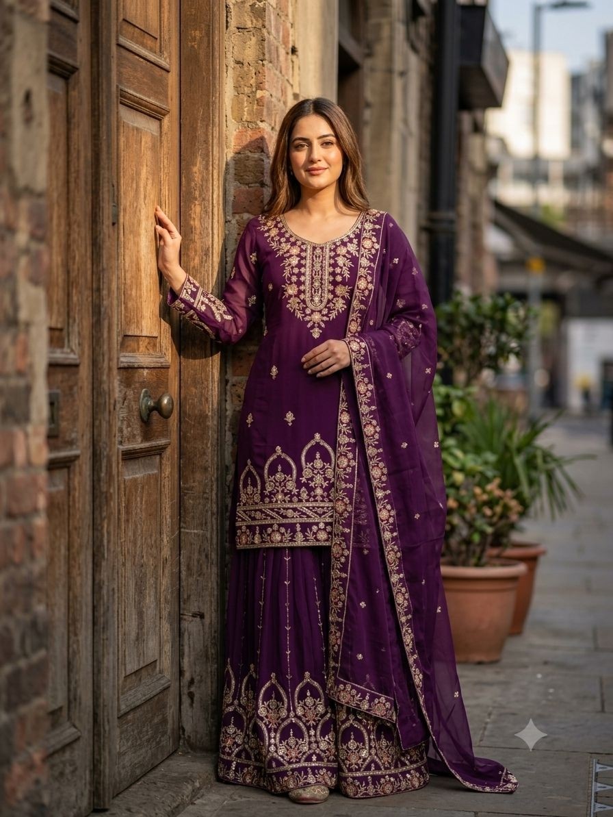 WW 1286 Pure Fox Georgette Embroidered Sequin Sharara Dupatta Set Single Pis Wholesale Price In India 