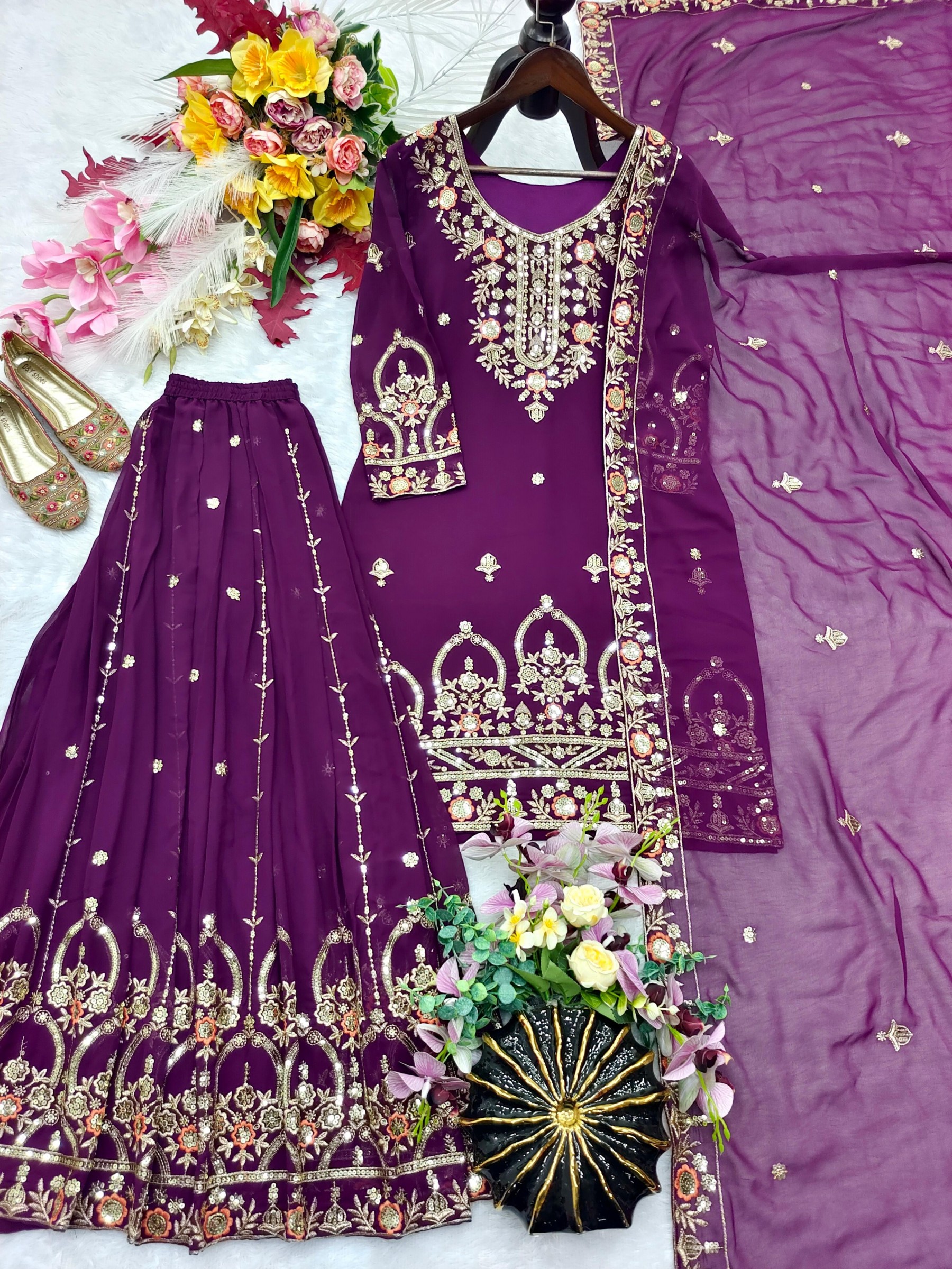 WW 1286 Pure Fox Georgette Embroidered Sequin Sharara Dupatta Set Single Pis Wholesale Price In India 