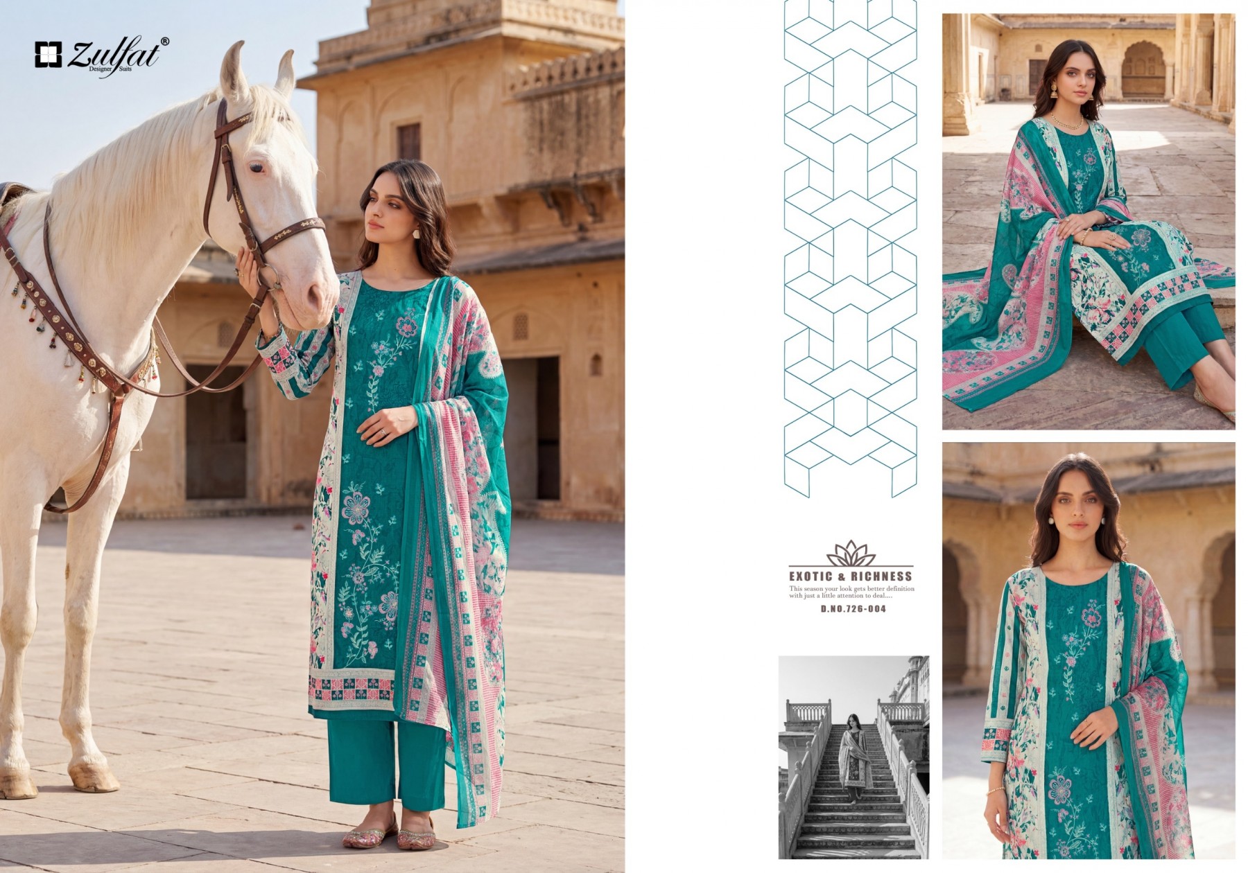 Shop HUMRAAZ by ZULFAT Pure Jam Cotton Suit with heavy full-front self embroidery, Chiffon digital print dupatta and Pure Rayon bottom. 06 PCS collection.