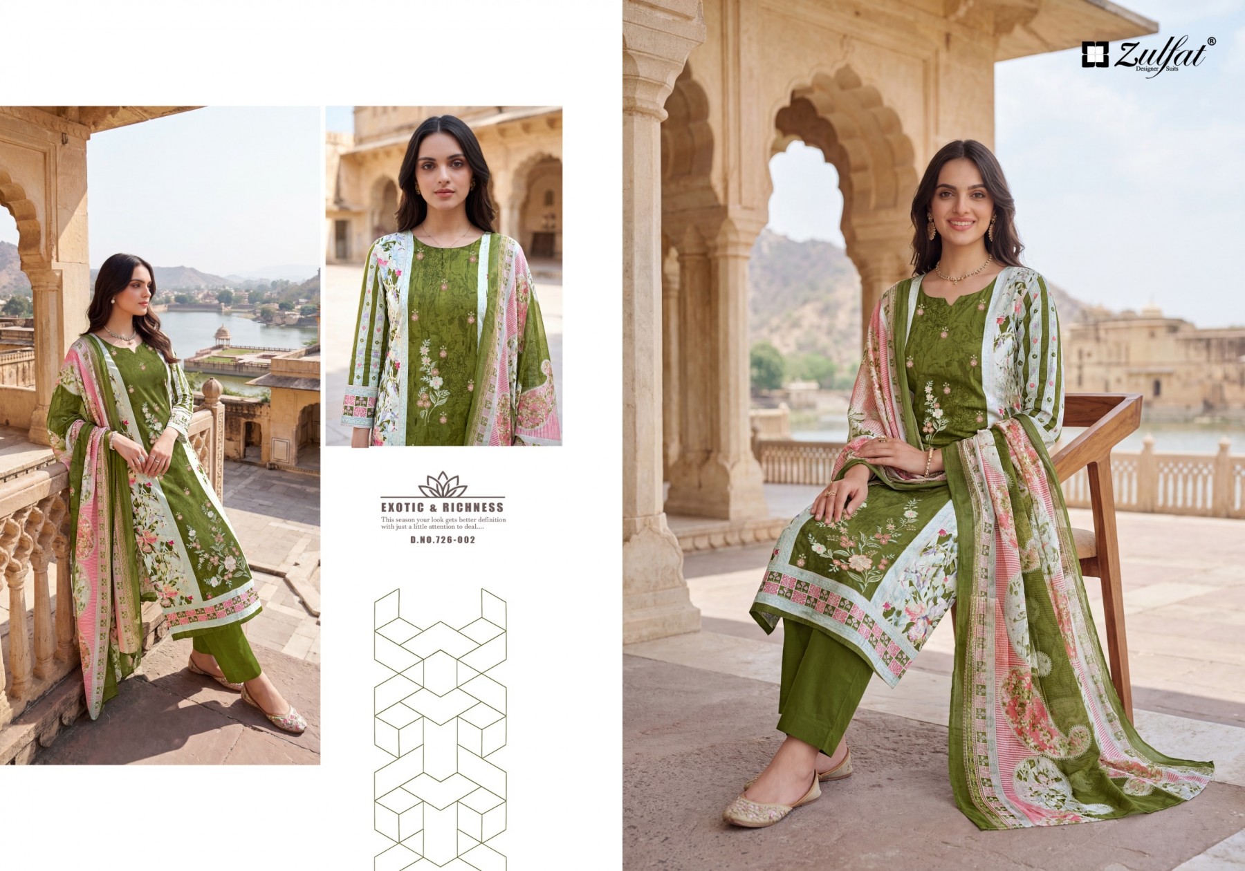 Shop HUMRAAZ by ZULFAT Pure Jam Cotton Suit with heavy full-front self embroidery, Chiffon digital print dupatta and Pure Rayon bottom. 06 PCS collection.