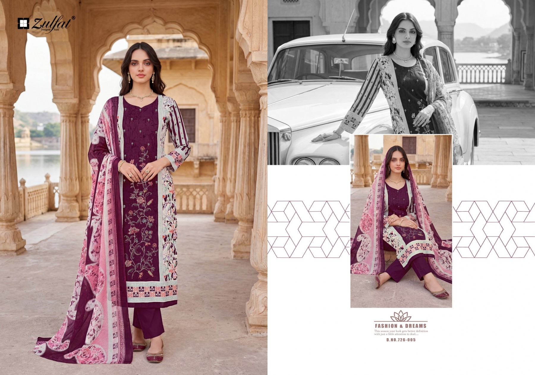 Shop HUMRAAZ by ZULFAT Pure Jam Cotton Suit with heavy full-front self embroidery, Chiffon digital print dupatta and Pure Rayon bottom. 06 PCS collection.