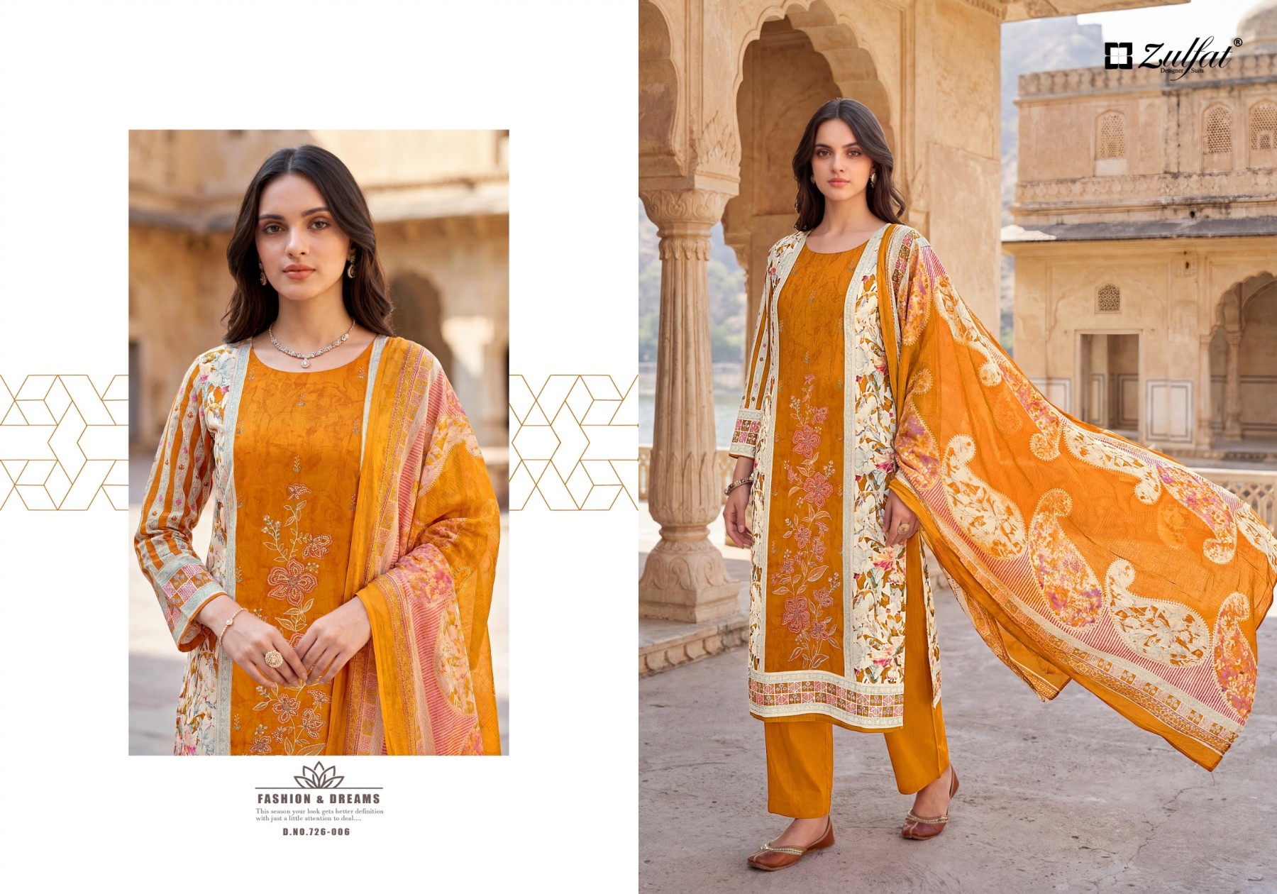 Shop HUMRAAZ by ZULFAT Pure Jam Cotton Suit with heavy full-front self embroidery, Chiffon digital print dupatta and Pure Rayon bottom. 06 PCS collection.
