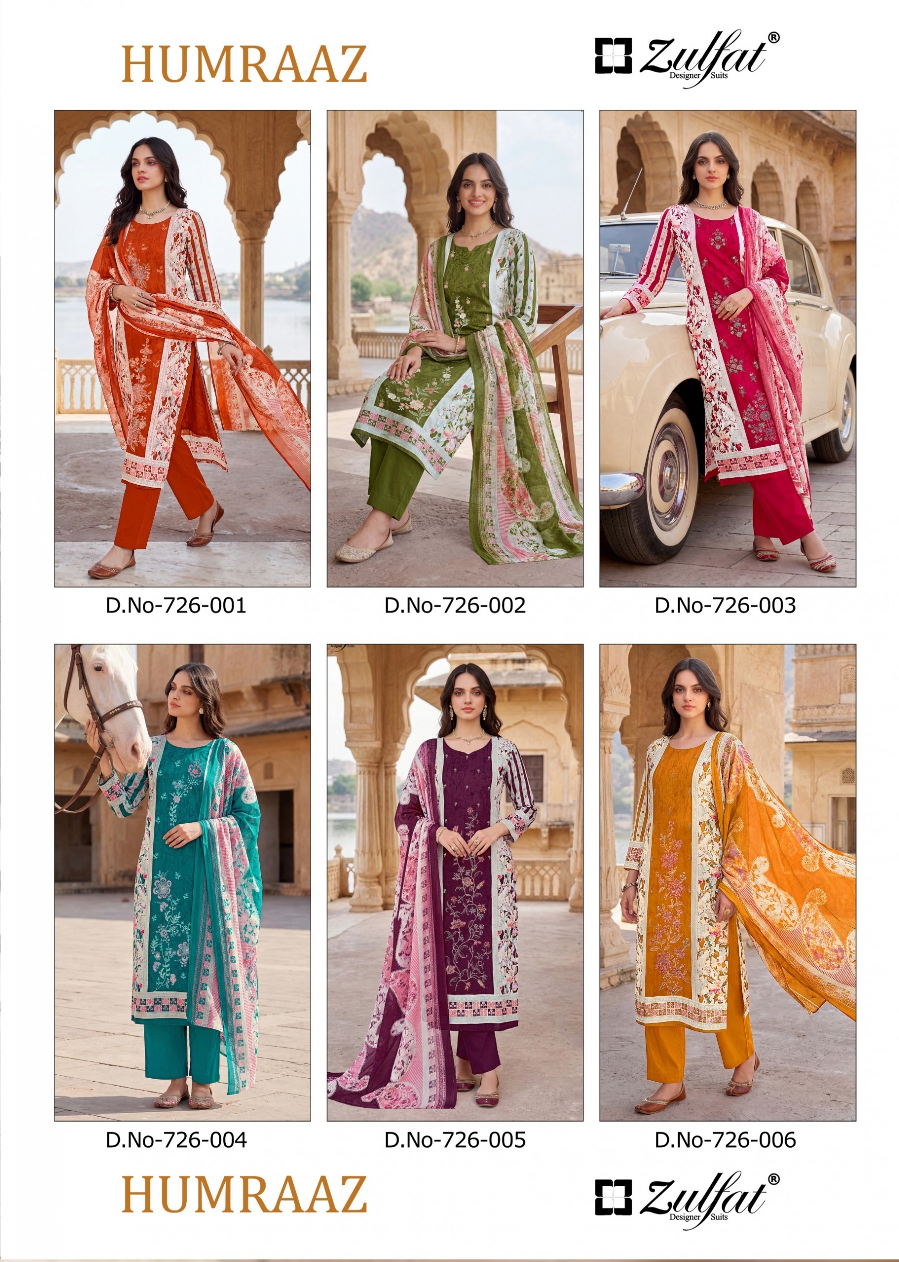 Shop HUMRAAZ by ZULFAT Pure Jam Cotton Suit with heavy full-front self embroidery, Chiffon digital print dupatta and Pure Rayon bottom. 06 PCS collection.