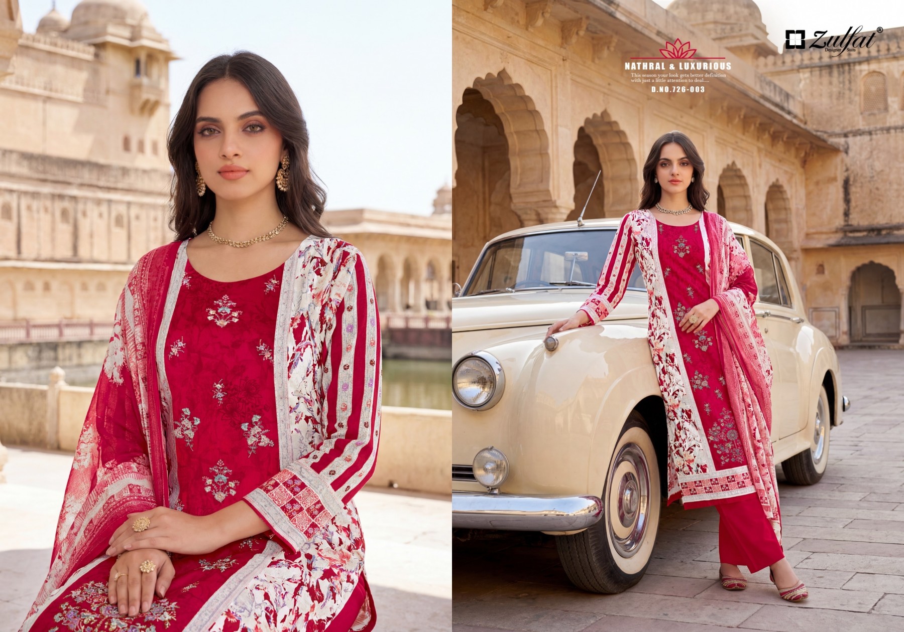Shop HUMRAAZ by ZULFAT Pure Jam Cotton Suit with heavy full-front self embroidery, Chiffon digital print dupatta and Pure Rayon bottom. 06 PCS collection.
