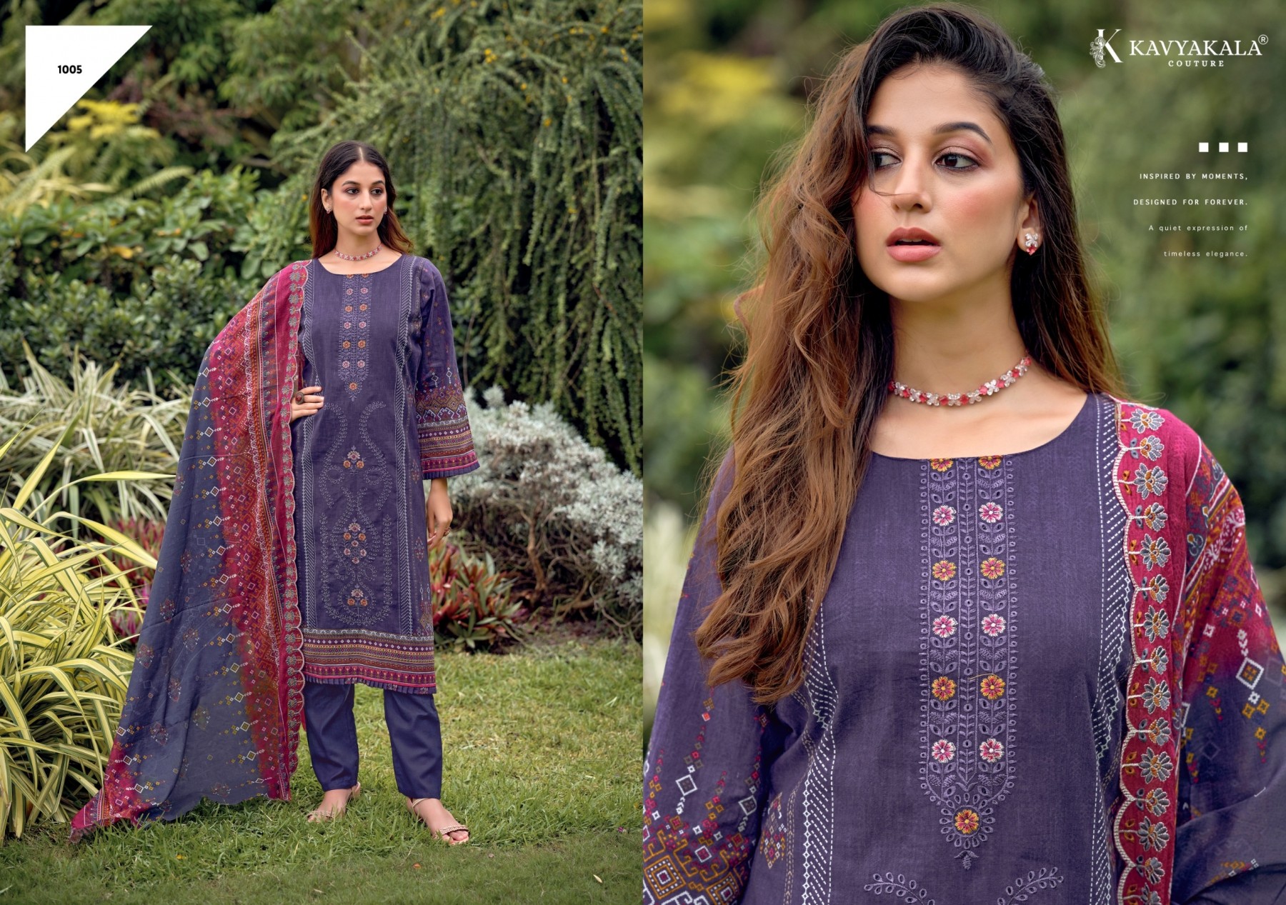 Shop KAVYA KALA BIN SAEED Vol-12 Pure Cambric Cotton Suit with Digital Style Print, Embroidery, Dyed Cotton Bottom and Pure Mal Cotton Dupatta.