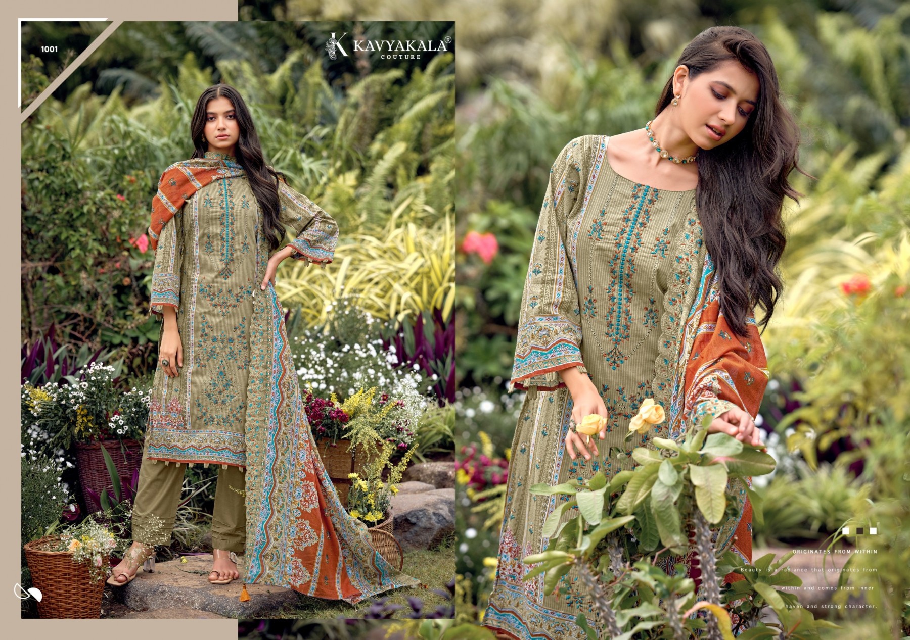 Shop KAVYA KALA BIN SAEED Vol-12 Pure Cambric Cotton Suit with Digital Style Print, Embroidery, Dyed Cotton Bottom and Pure Mal Cotton Dupatta.