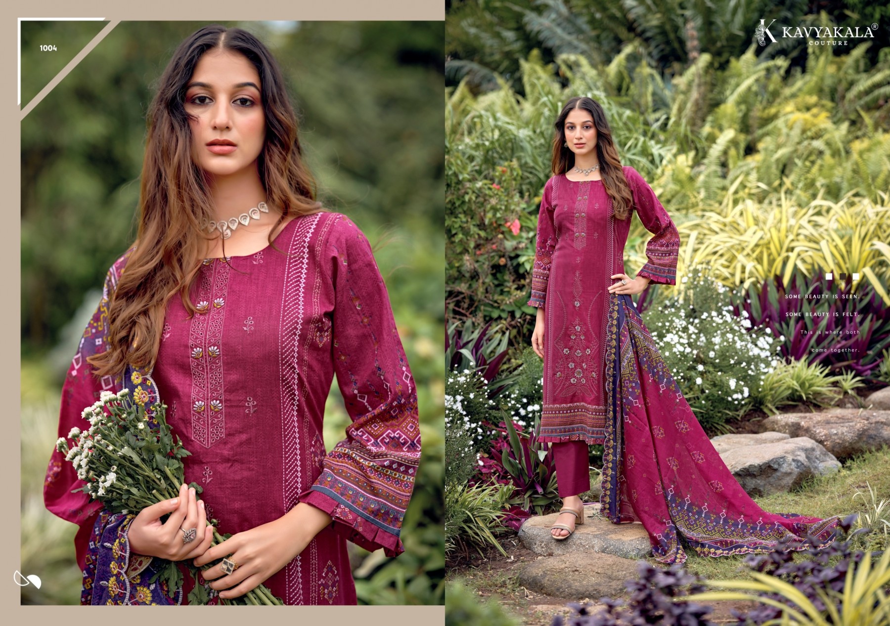 Shop KAVYA KALA BIN SAEED Vol-12 Pure Cambric Cotton Suit with Digital Style Print, Embroidery, Dyed Cotton Bottom and Pure Mal Cotton Dupatta.