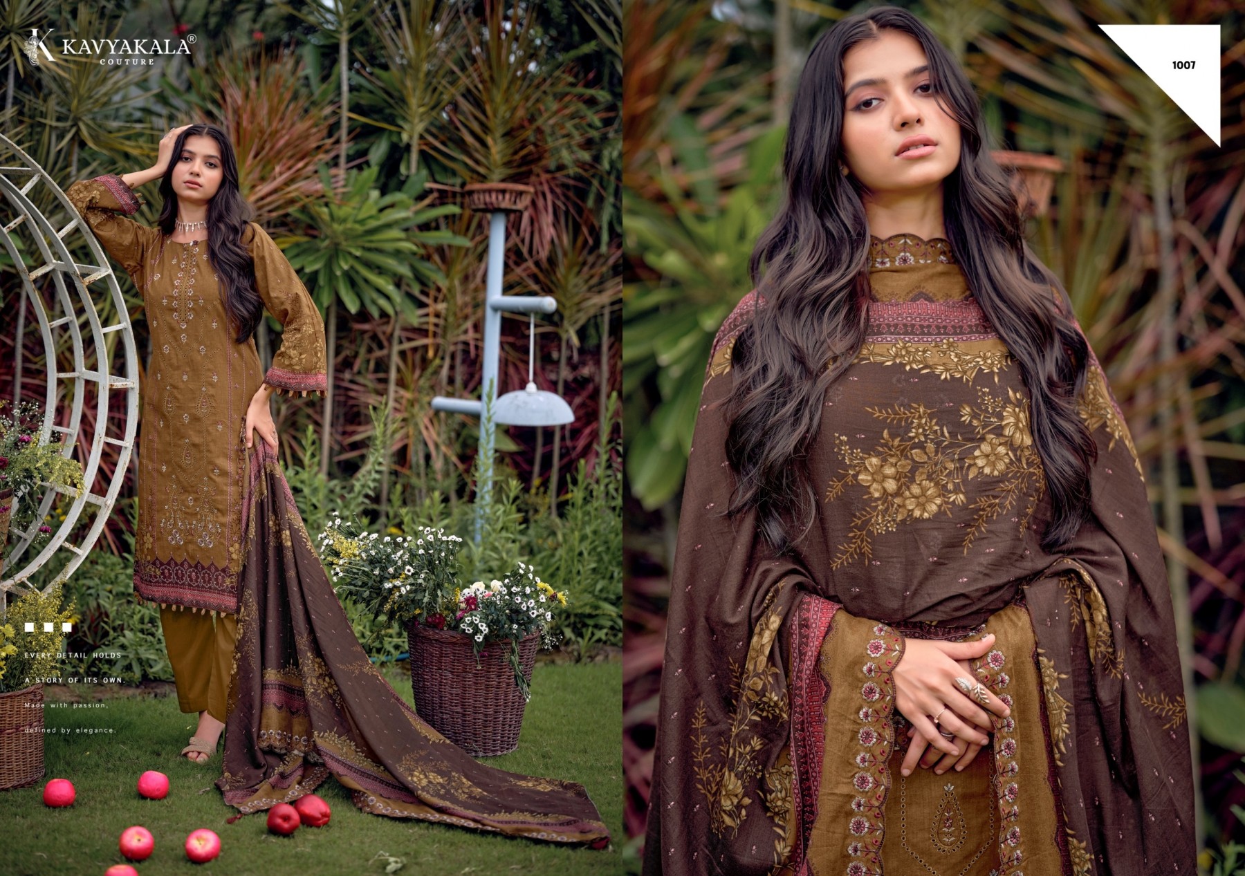 Shop KAVYA KALA BIN SAEED Vol-12 Pure Cambric Cotton Suit with Digital Style Print, Embroidery, Dyed Cotton Bottom and Pure Mal Cotton Dupatta.