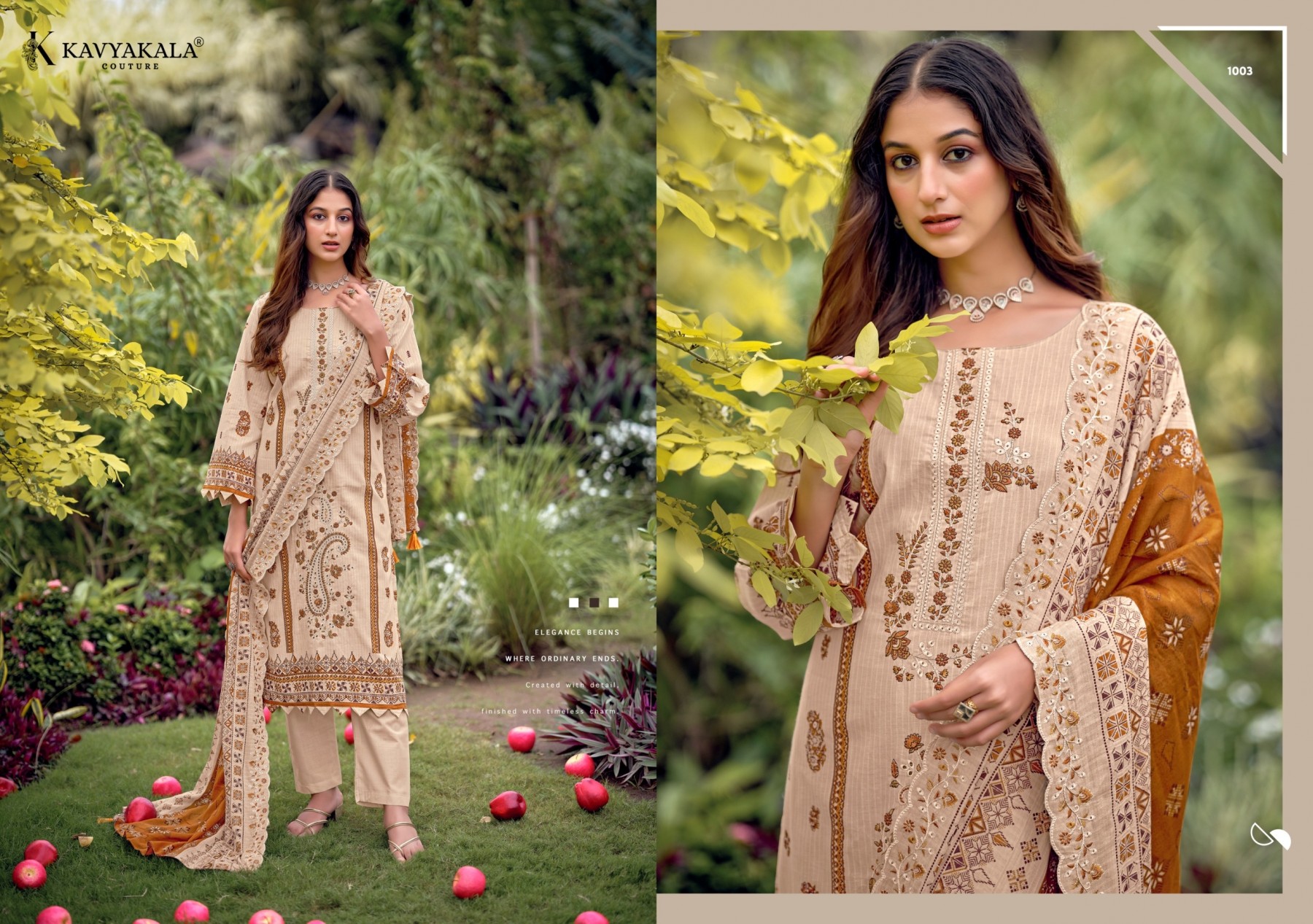 Shop KAVYA KALA BIN SAEED Vol-12 Pure Cambric Cotton Suit with Digital Style Print, Embroidery, Dyed Cotton Bottom and Pure Mal Cotton Dupatta.