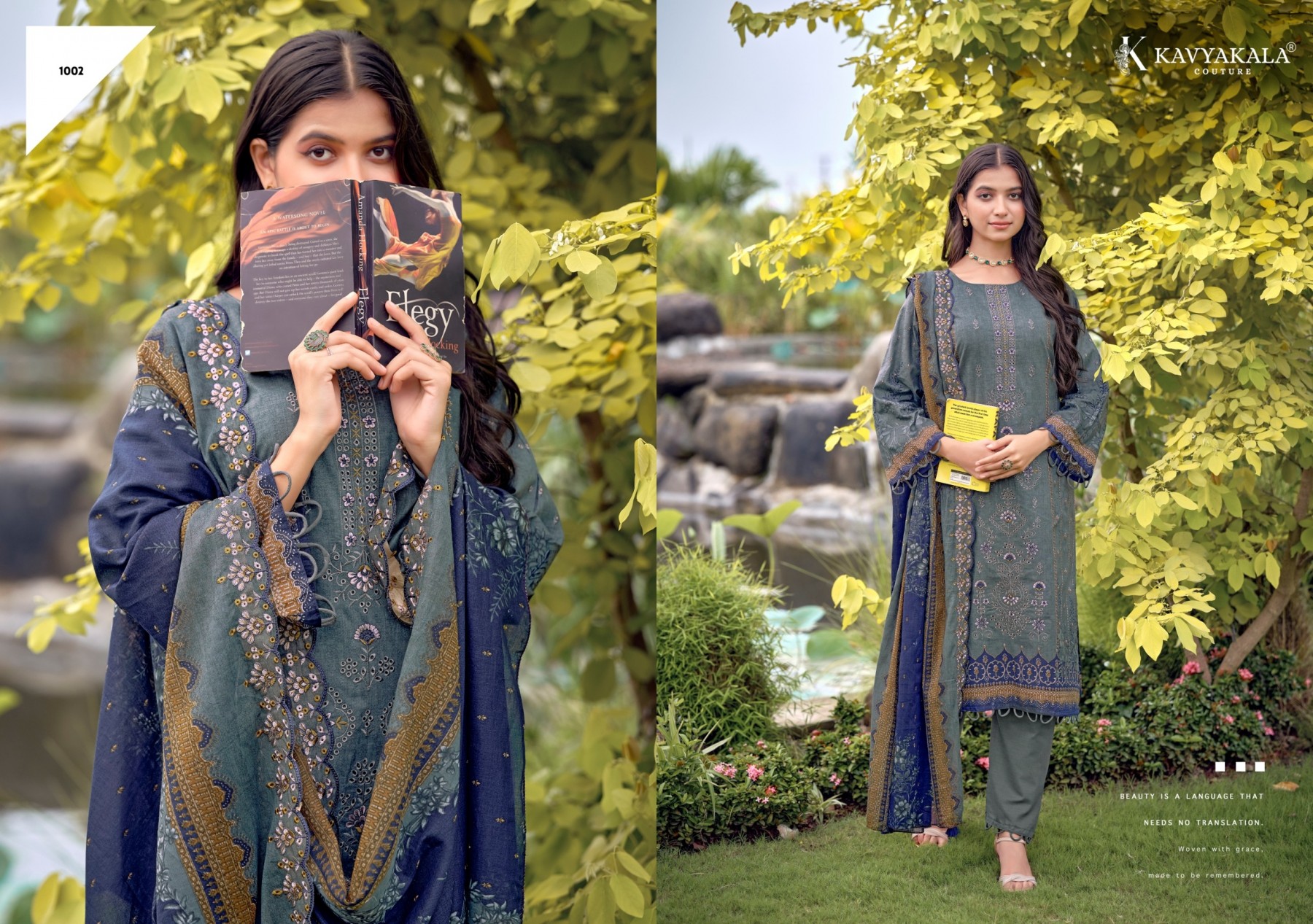 Shop KAVYA KALA BIN SAEED Vol-12 Pure Cambric Cotton Suit with Digital Style Print, Embroidery, Dyed Cotton Bottom and Pure Mal Cotton Dupatta.