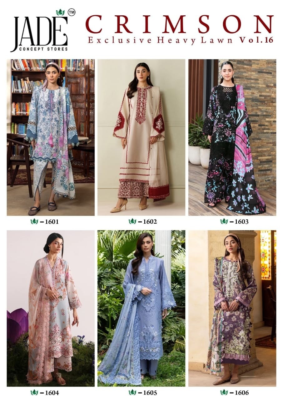 Jade Crimson Vol 16 Exclusive Heavy Lawn Collection Pakistani Karachi Printed Suit Full Set Wholesale Price