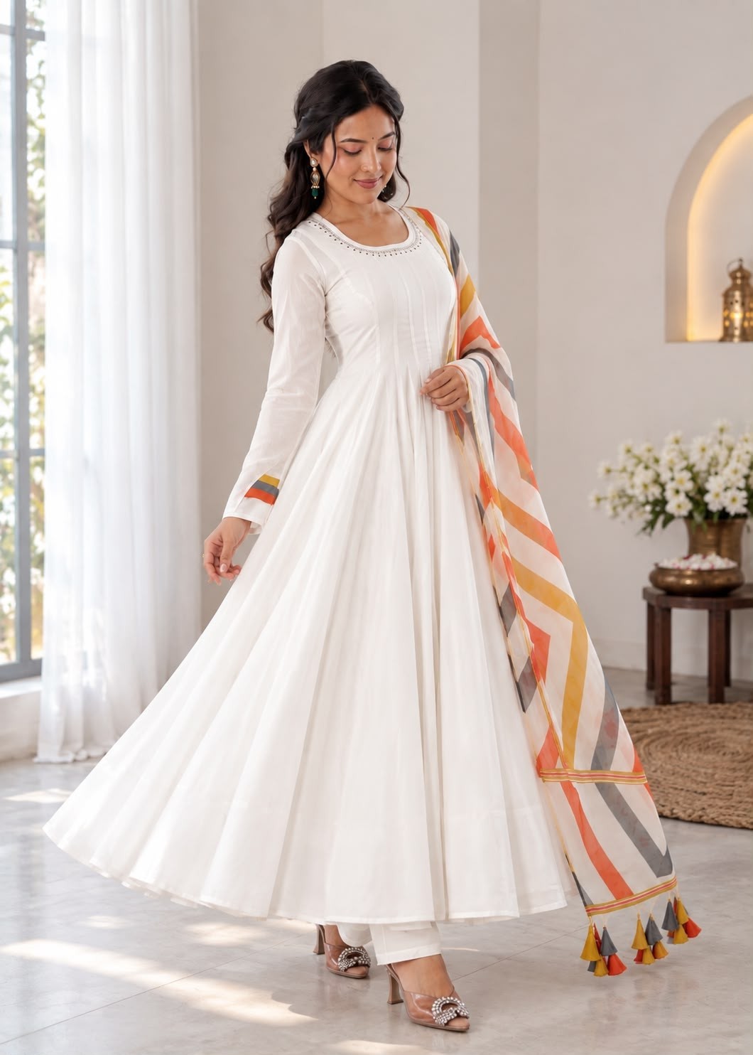 Shop NSR-917 Mal Cotton embroidered ready-to-wear suit with fancy sleeves, elastic pant, printed dupatta with latkan at ₹1,299/-.