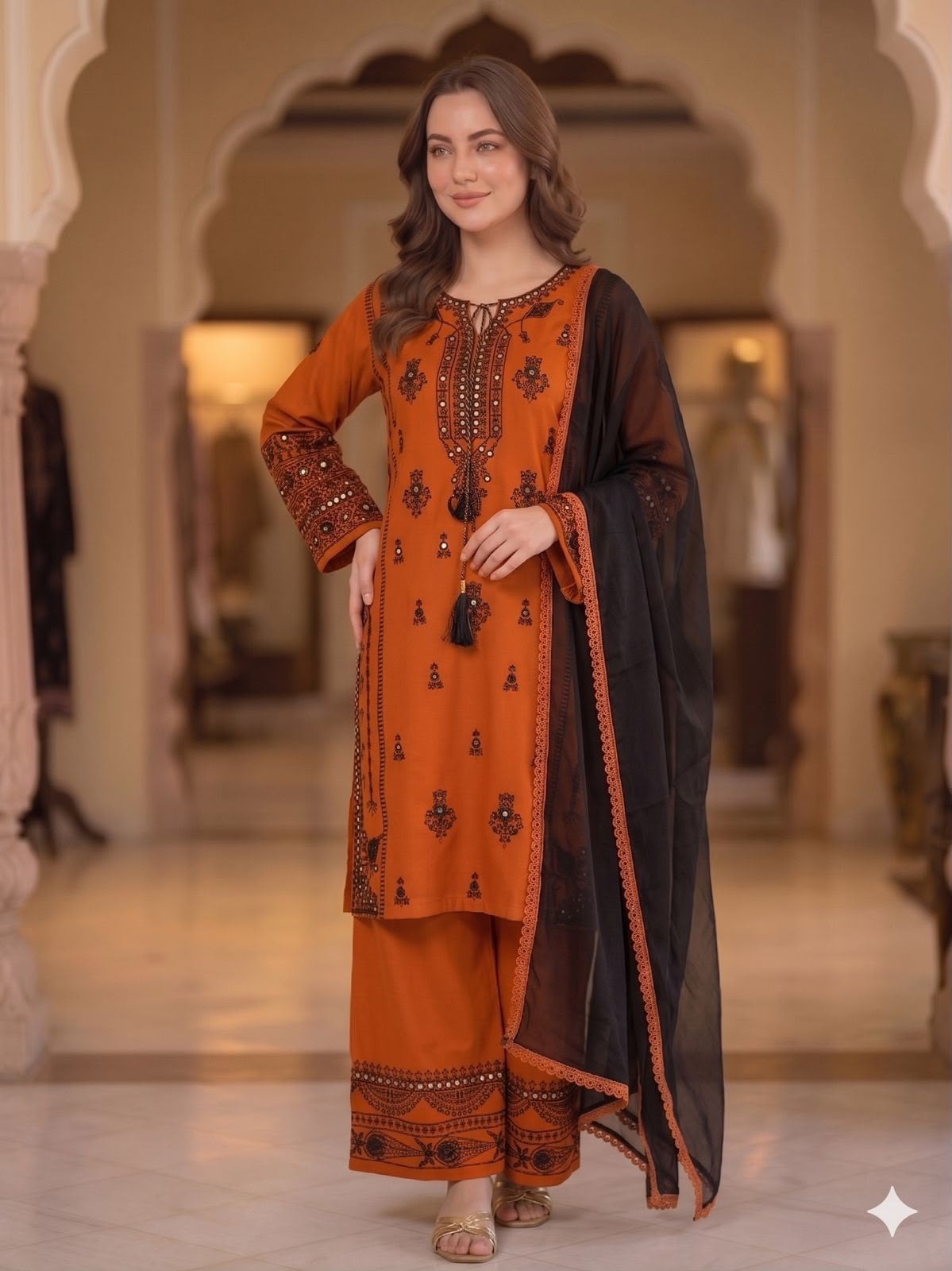 BE-465 | Rayon Embroidered Mirror Effect Palazzo Suit