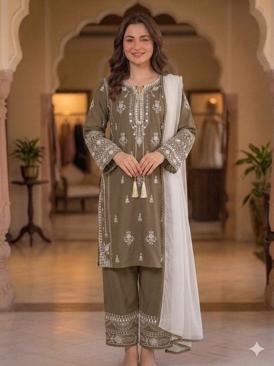BE-465 | Rayon Embroidered Mirror Effect Palazzo Suit