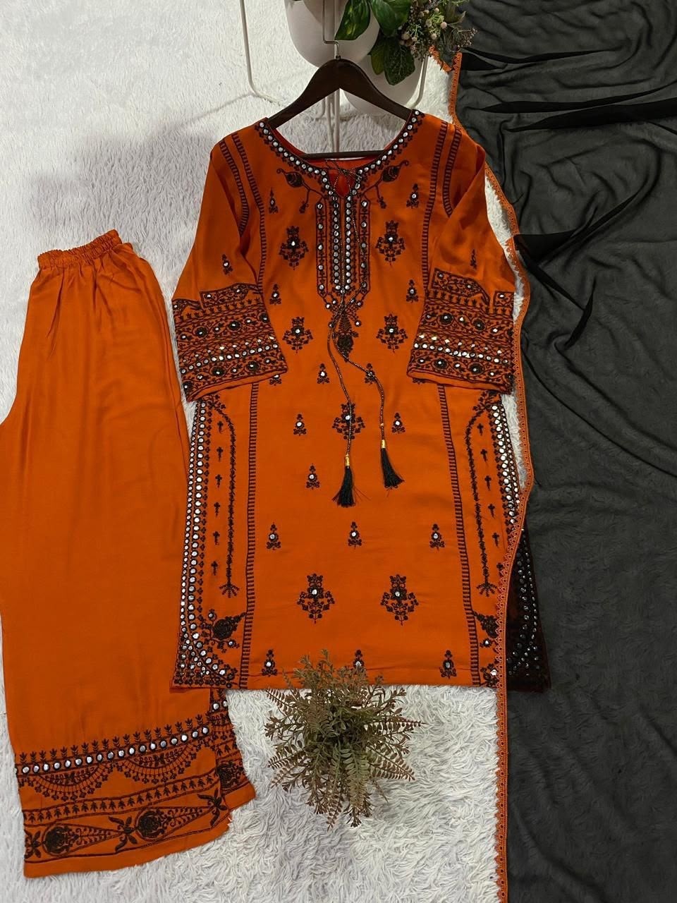 BE-465 | Rayon Embroidered Mirror Effect Palazzo Suit