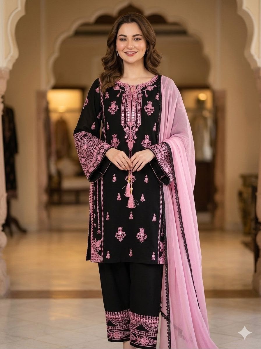 BE-465 | Rayon Embroidered Mirror Effect Palazzo Suit