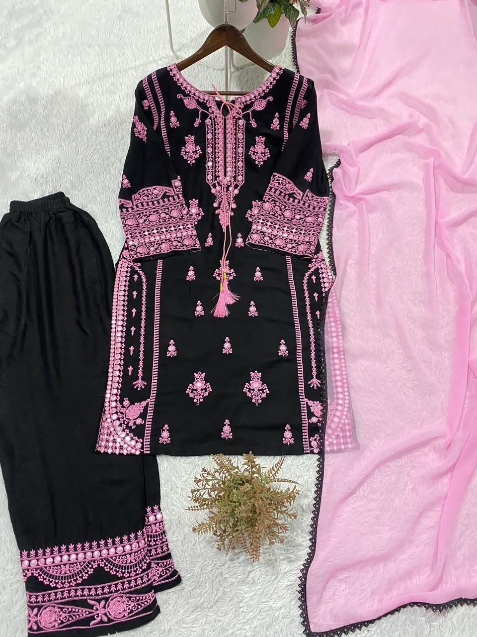 BE-465 | Rayon Embroidered Mirror Effect Palazzo Suit
