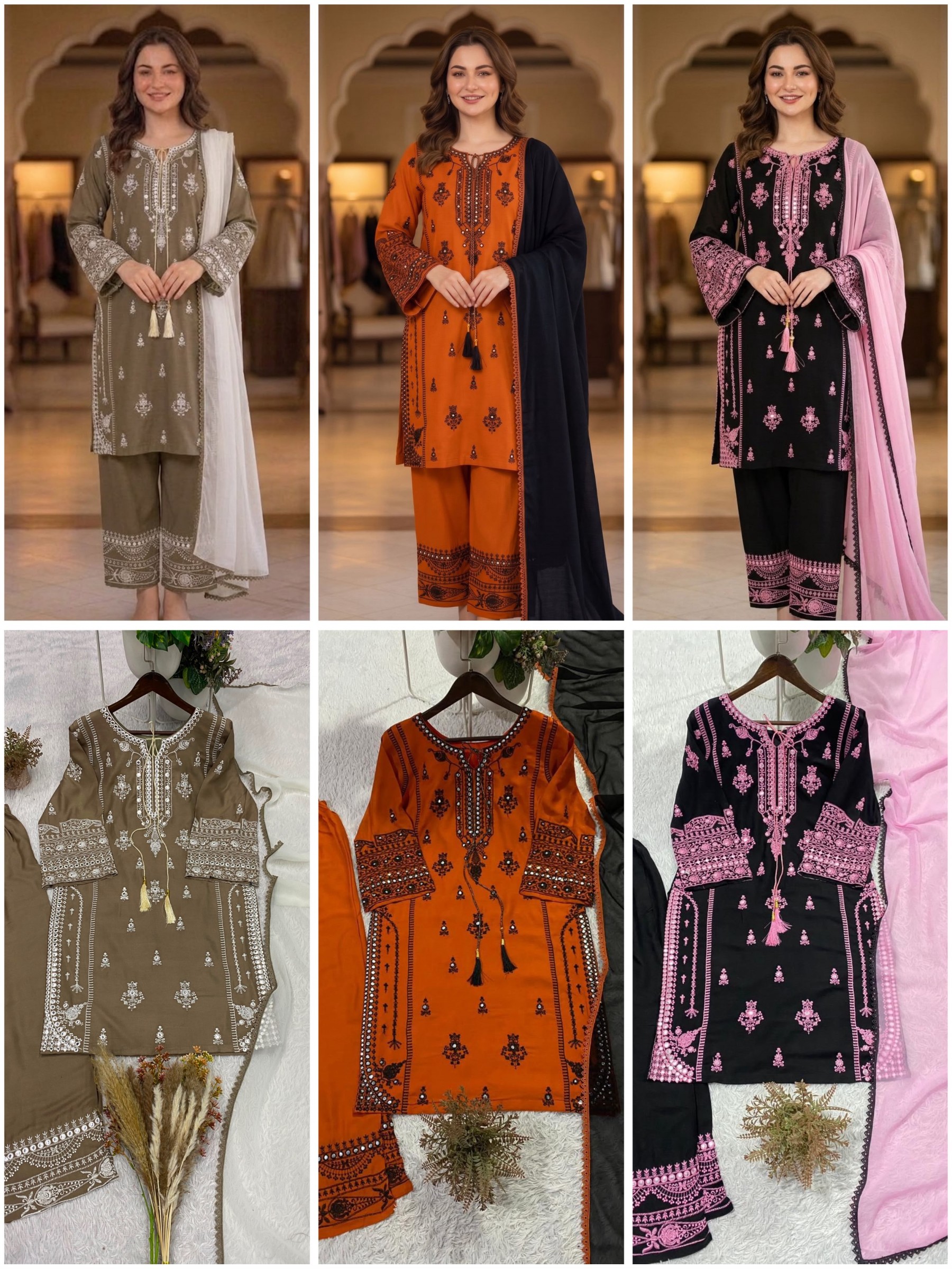 BE-465 | Rayon Embroidered Mirror Effect Palazzo Suit