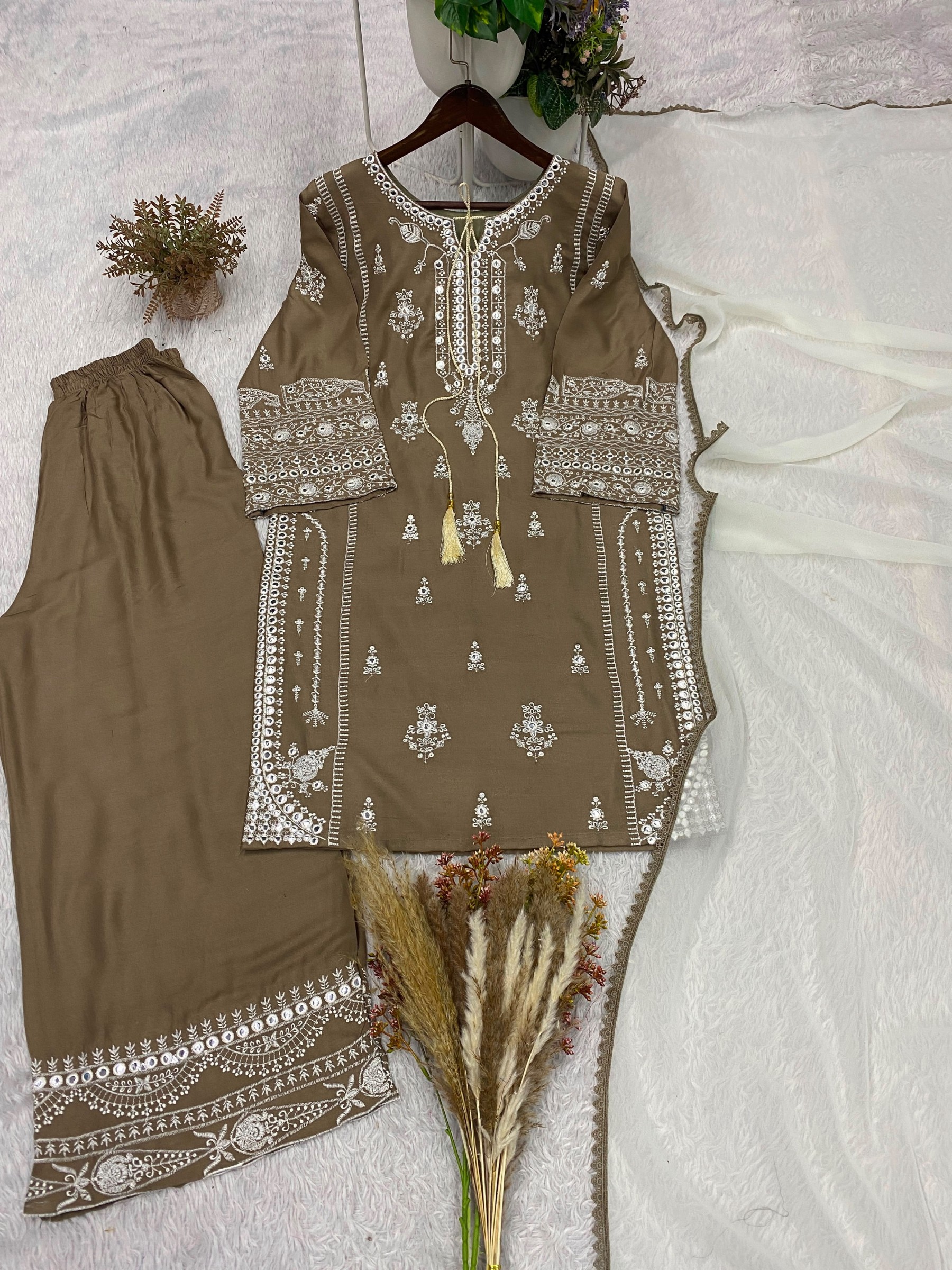 BE-465 | Rayon Embroidered Mirror Effect Palazzo Suit