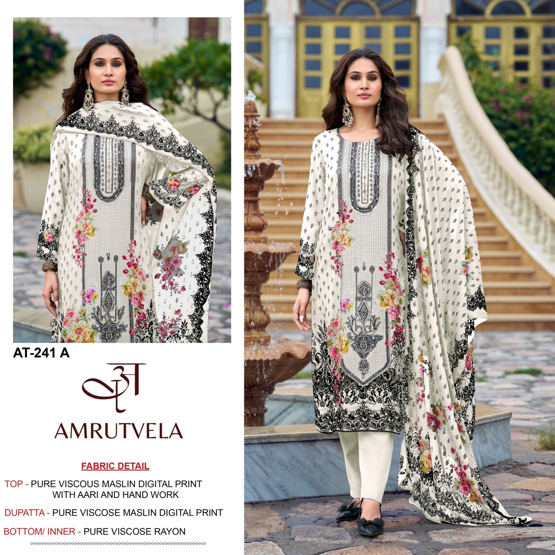AMRUTVELA | AT-241 AB | Viscose Maslin Aari Hand Work Suit