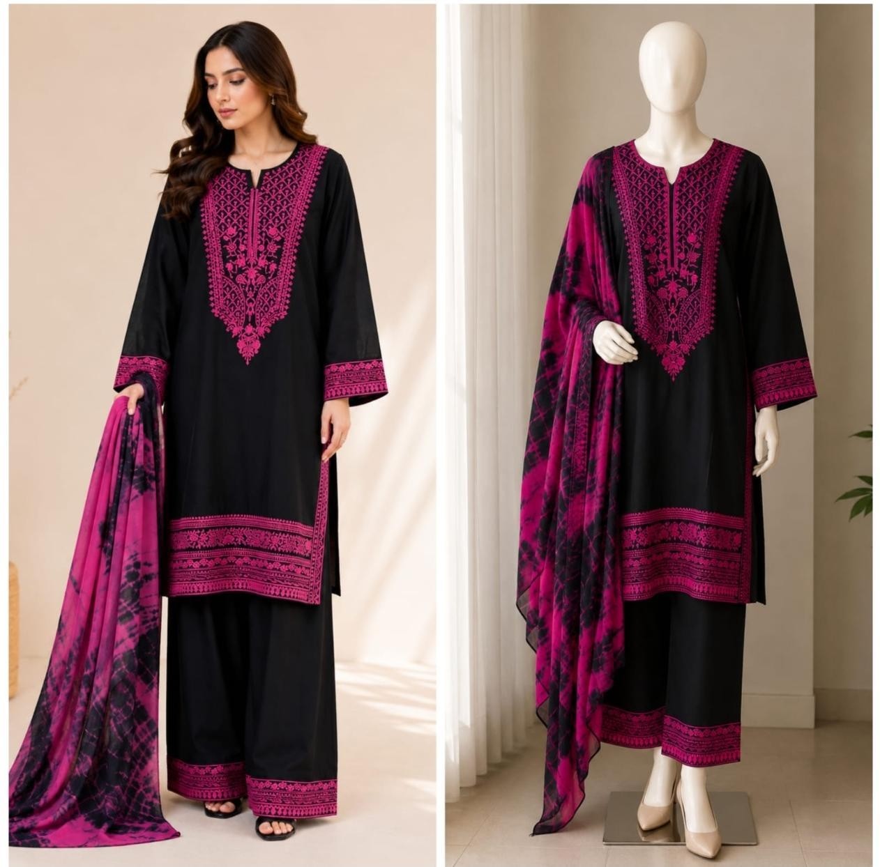 Shop Zahra Glamour ZG-229 Pakistani 3-piece suit with intricate thread embroidery, chiffon tie-dye dupatta and sizes XL to 3XL.