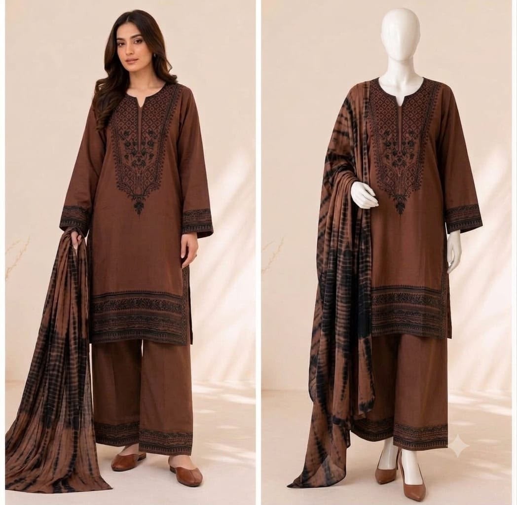 Shop Zahra Glamour ZG-229 Pakistani 3-piece suit with intricate thread embroidery, chiffon tie-dye dupatta and sizes XL to 3XL.