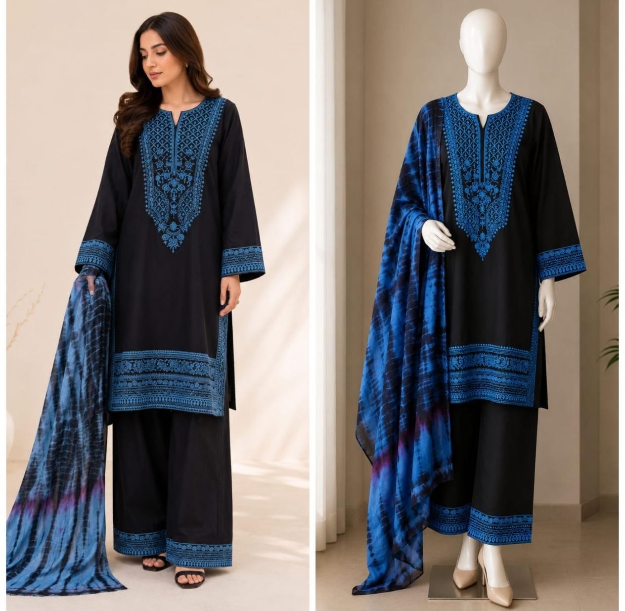 Shop Zahra Glamour ZG-229 Pakistani 3-piece suit with intricate thread embroidery, chiffon tie-dye dupatta and sizes XL to 3XL.
